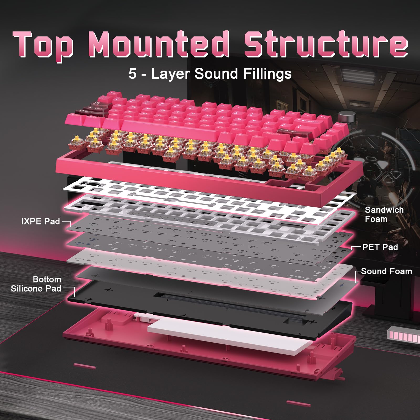 YUNZII RT75 Pro HE Clavier Gaming sans Fil Dual 8K Rapid Trigger (Rose) | Switch à Effet Hall, Filaire/2.4G, Bluetooth, 75% Compact avec Molette, RGB, 8000mAh, TGL/SOCD/DKS/MT, pour Win/Mac