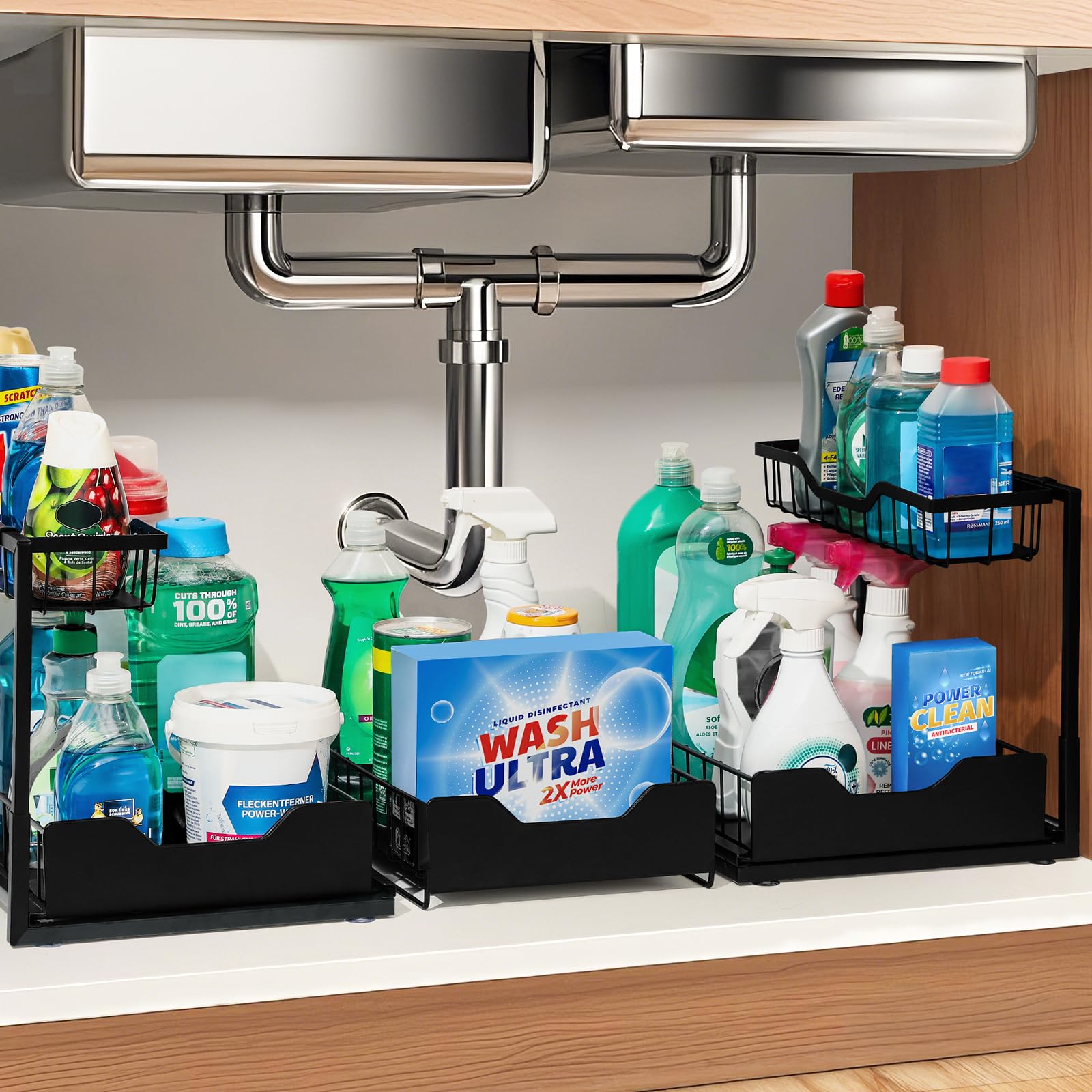 Snuvid 3 Pack, Under Sink Organizer 2-Tier with Slide Out Lower Drawer - Metal Pull Out Cabinet Organizer for Kitchen Bathroom, Includes Removable Center Basket & Storage Shelves, Space Saving Design
