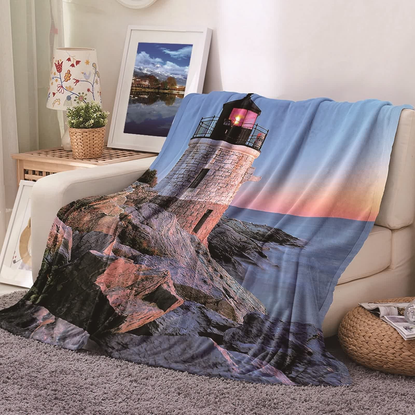 Coperta Termica in Flanella,Coperta di Pile Motivo di Mare e Faro Blu Arancio Coperta da Divano 160x200cm