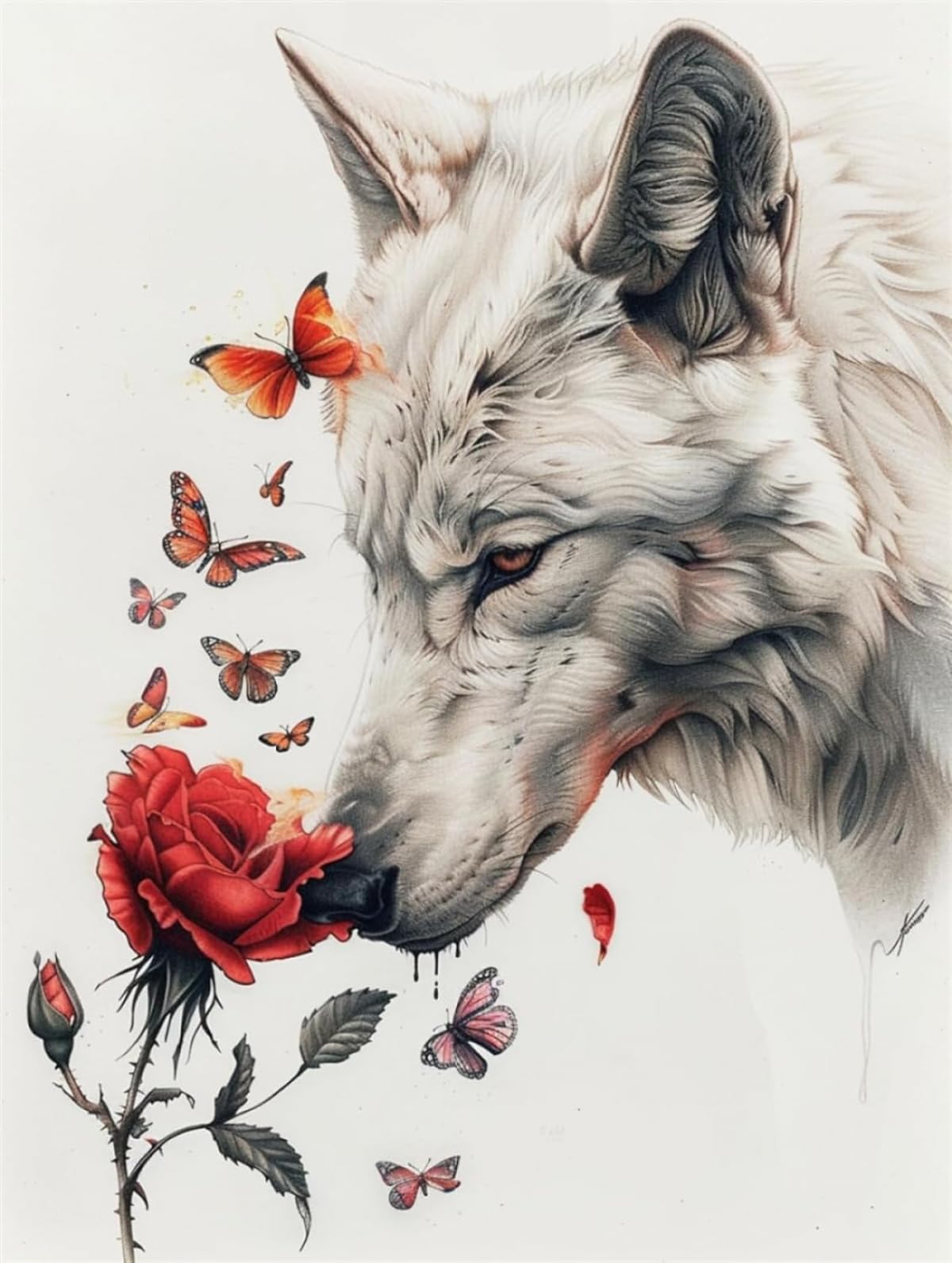 AYAOYANGGO 11CT Stamped Cross Stitch White Wolf and Roses Embroidery Kit Fantasy Animals Cross Stitch Kits for Adults Beginners DIY Art for Gift Home Decor 40x50cm