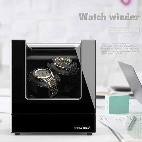Miniatura 7 de TRIPLE TREE Enrollador de reloj doble para relojes automáticos, caja automática de reloj con acabado de piano de carcasa de madera, con motor