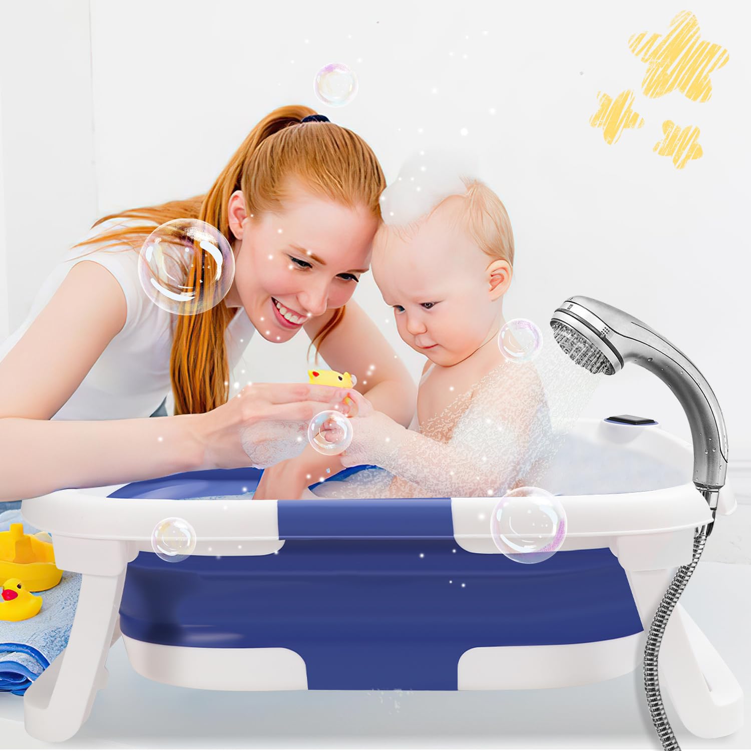 Daromigo Bañera plegable para bebé, con termómetro, con cojín suave, soporte antideslizante, ahorra espacio, para recién nacidos, color azul