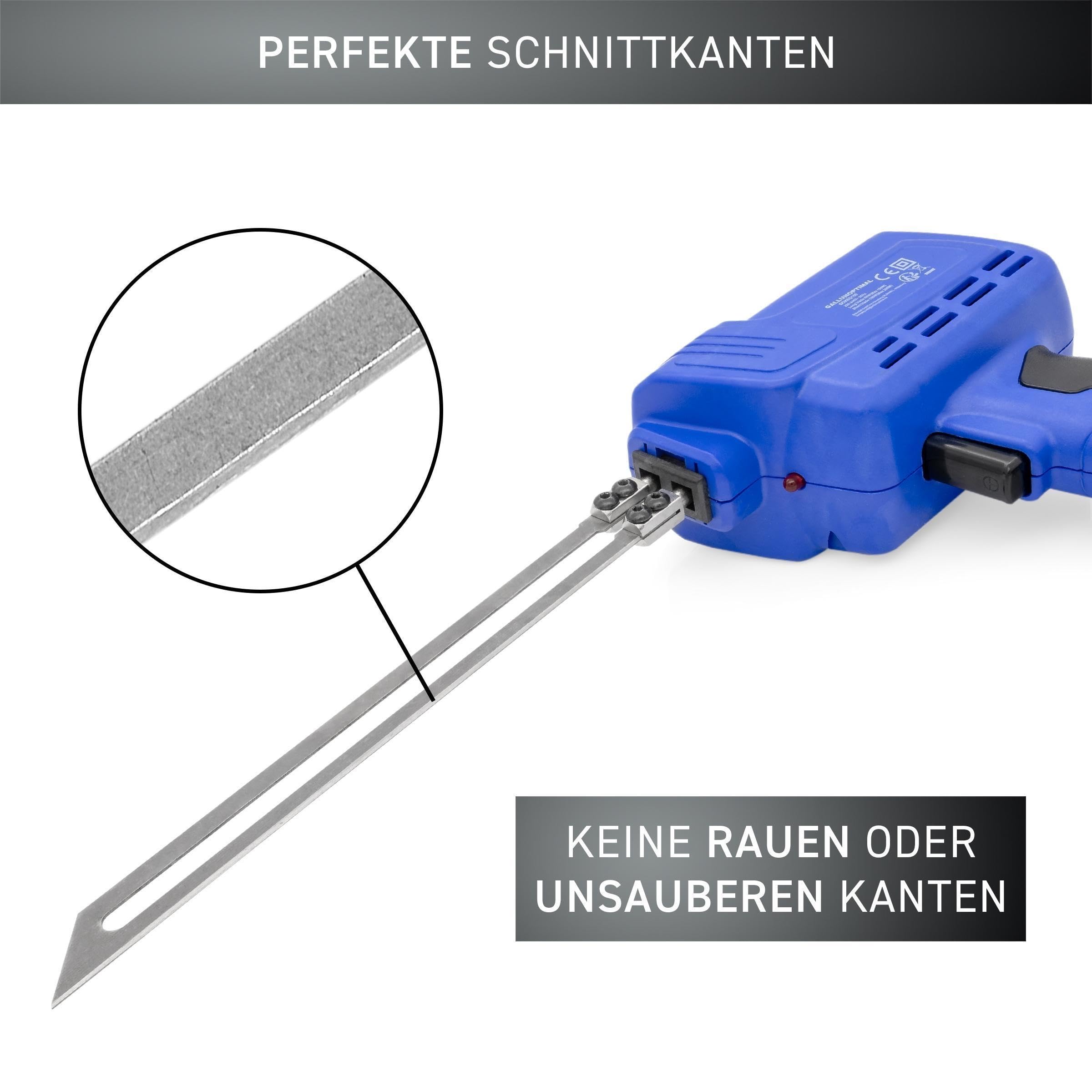 Kunststoffschneidgerät GOKSG150 230V – elektrisch, 150W, schutzisoliert, 2 Schneidklingen (123/205 mm), Aufheizzeit 10 s, schnell einsatzbereit, inkl. Koffer & Werkzeug