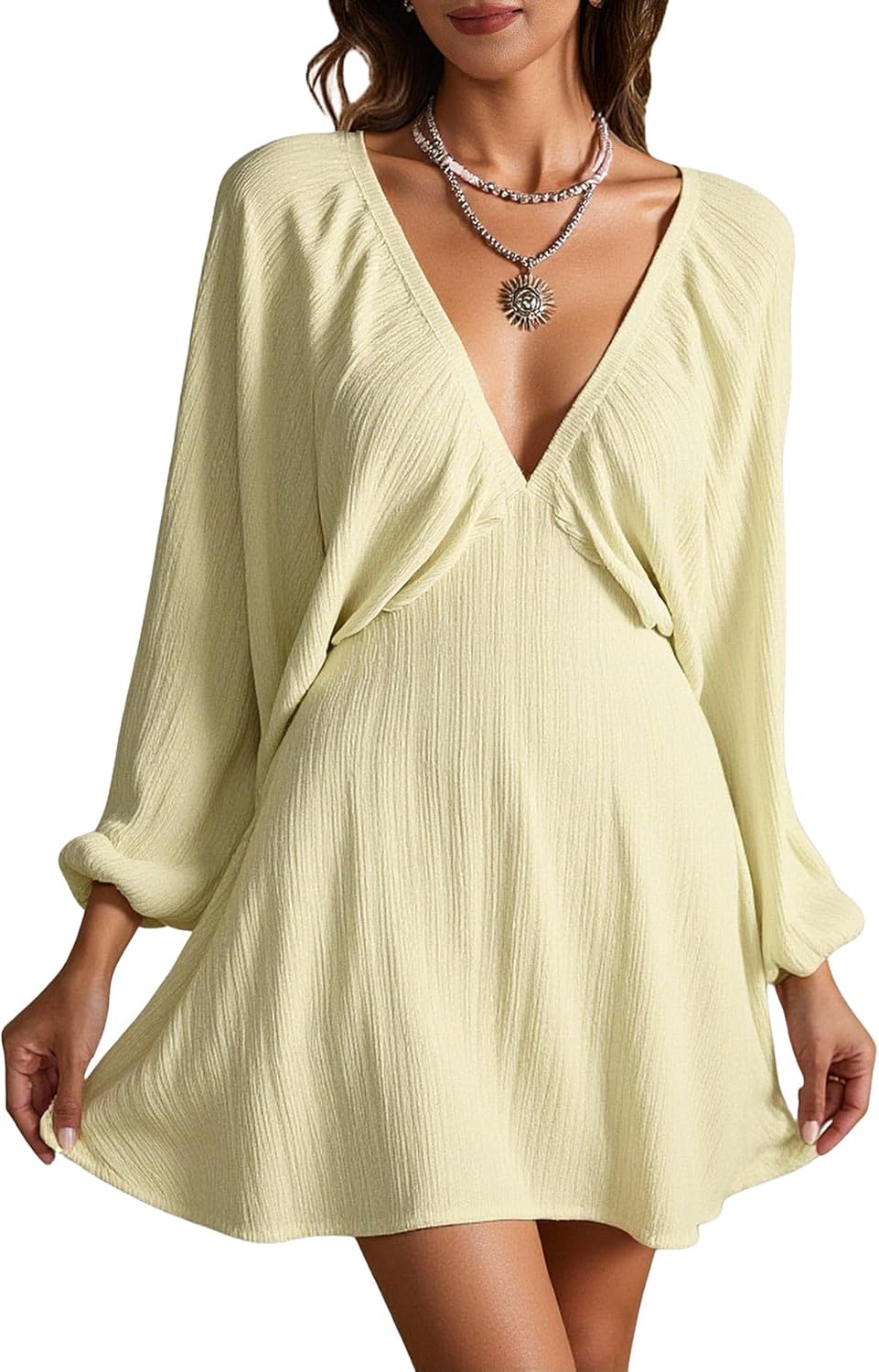 Women's Long Sleeve Mini Dress Elegant Deep V Neck Tie Back Flowy Going Out Dresses