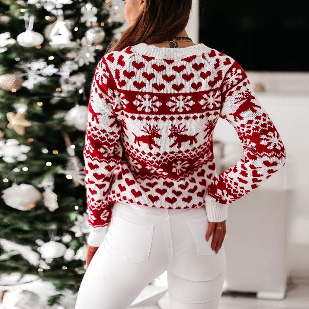 Genérico Jersey Mujer Suéter Navidad Mujer Jersey Invierno Suéter de Punto de Invierno con Reno Navideño Cuello Redondo Copos de Nieve Top Navideño