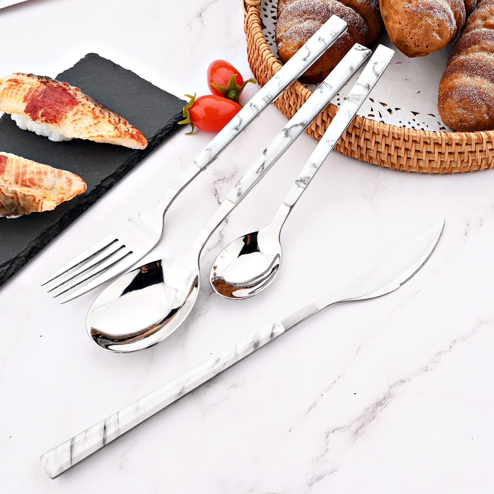 BRIIEC 24Pcs White Imitation Marble Pattern Handle Flatware Silverware Set, Stainless Steel Cutlery Set for 6, Square Handle Eating Utensils, Mirror Polished for Home Kitchen Bar Restaurant
