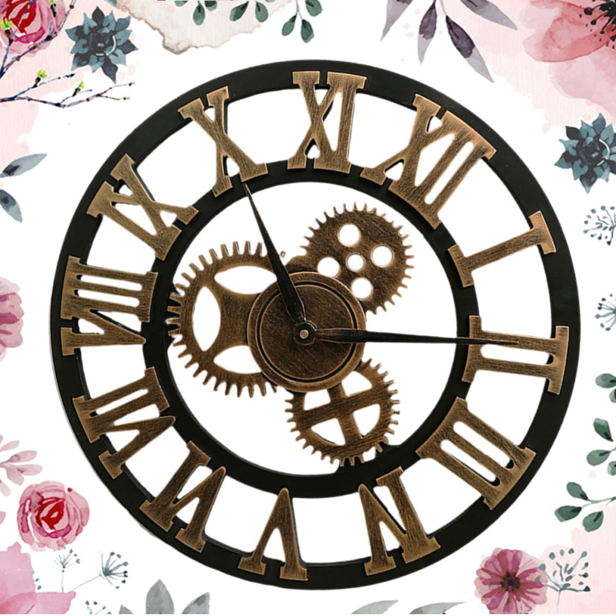 MERRYHAPY Reloj de Pared Silencioso y Preciso en Metal y Madera Industrial Engranajes Giratorios, Diseño Elegante para Sala de Estar o Estudio