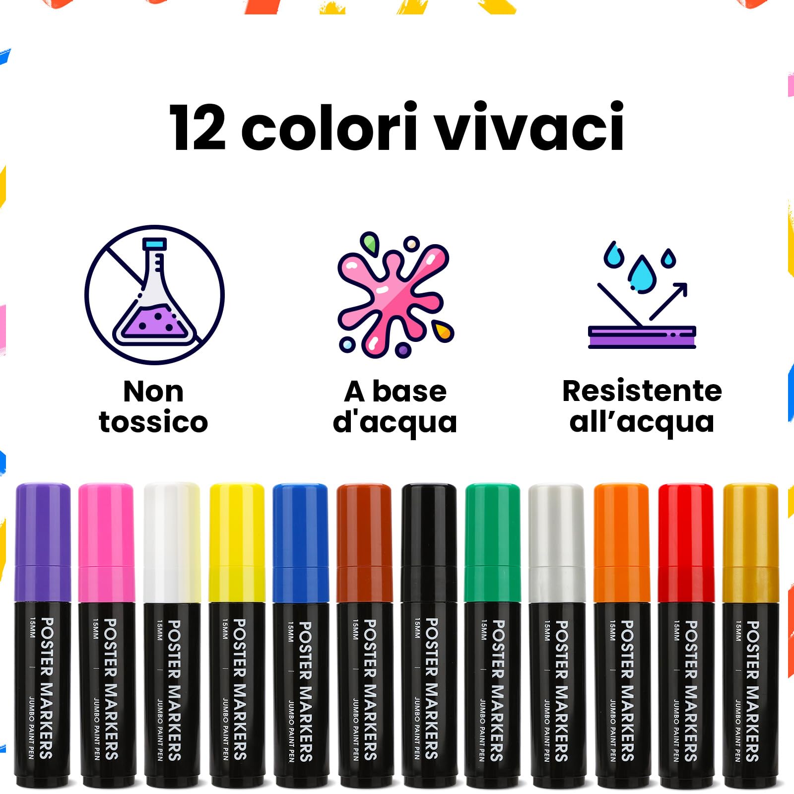 ZENO Pennarelli Acrilici Jumbo – 12 Colori Vivaci, Punta Chisel 3-in-1 da 15 mm, Pennarelli Vernice Waterproof per Legno, Sassi, Tessuto, Vetro, Poster, DIY, Bambini e Artisti