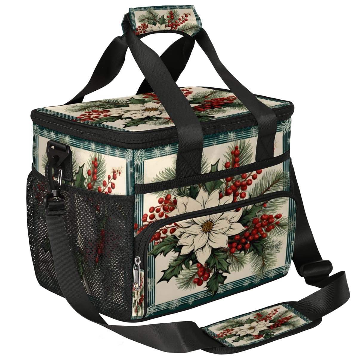 Holly Branches Insulated Picnic Backpack Lunch Box for Women Men Picnic Basket Tote Lunch Bag Picnic Bag Portable Lunch Bags for Picnic, Beach, Work, Trip,Office, Camp Christmas Border