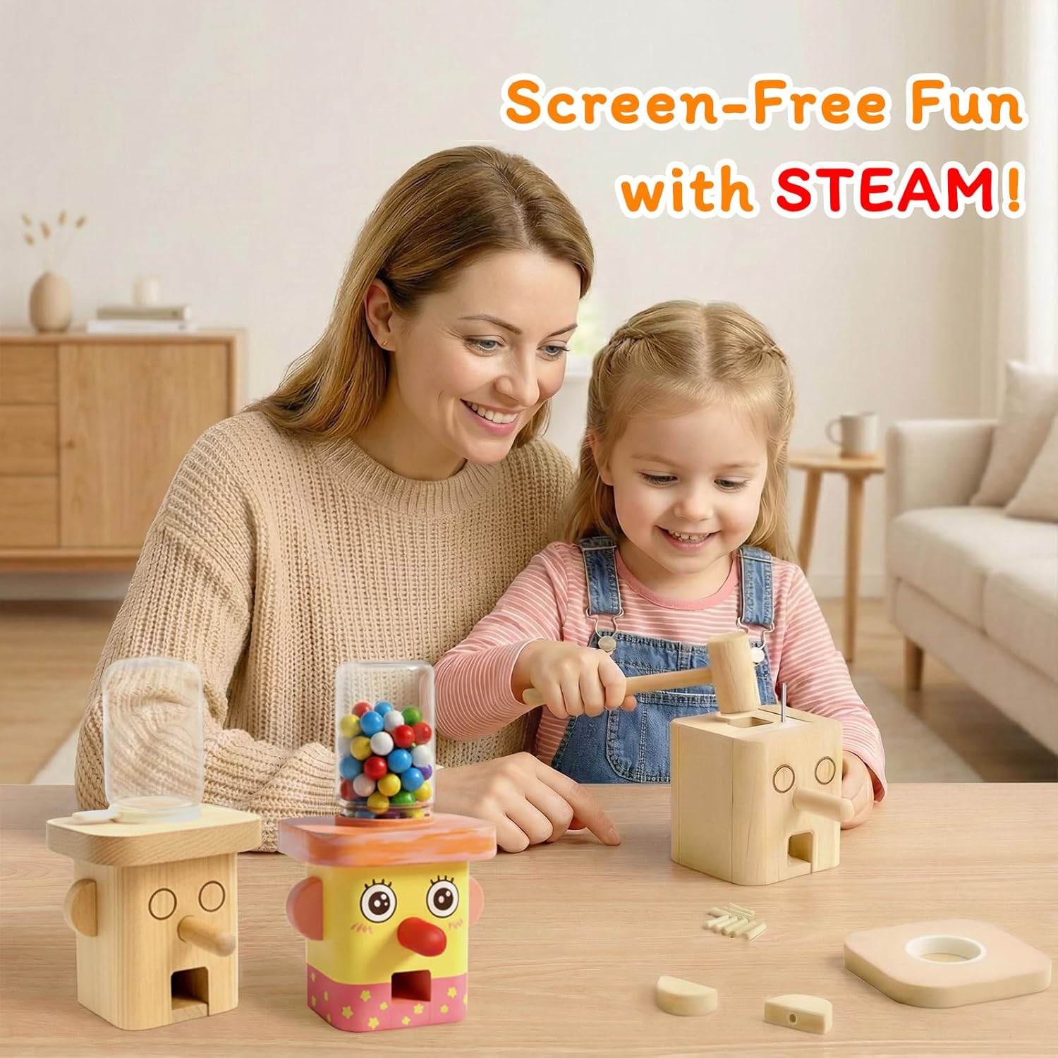 Woodworking Kit for Kids, STEM Wooden Candy Dispenser, DIY Wood Building Kits, Includes 12 Paints & 2 Brushes, Smooth No Nails Assembly, Mechanical Model for Boys & Girls, Fits Gumballs Under 0.6 Inch
