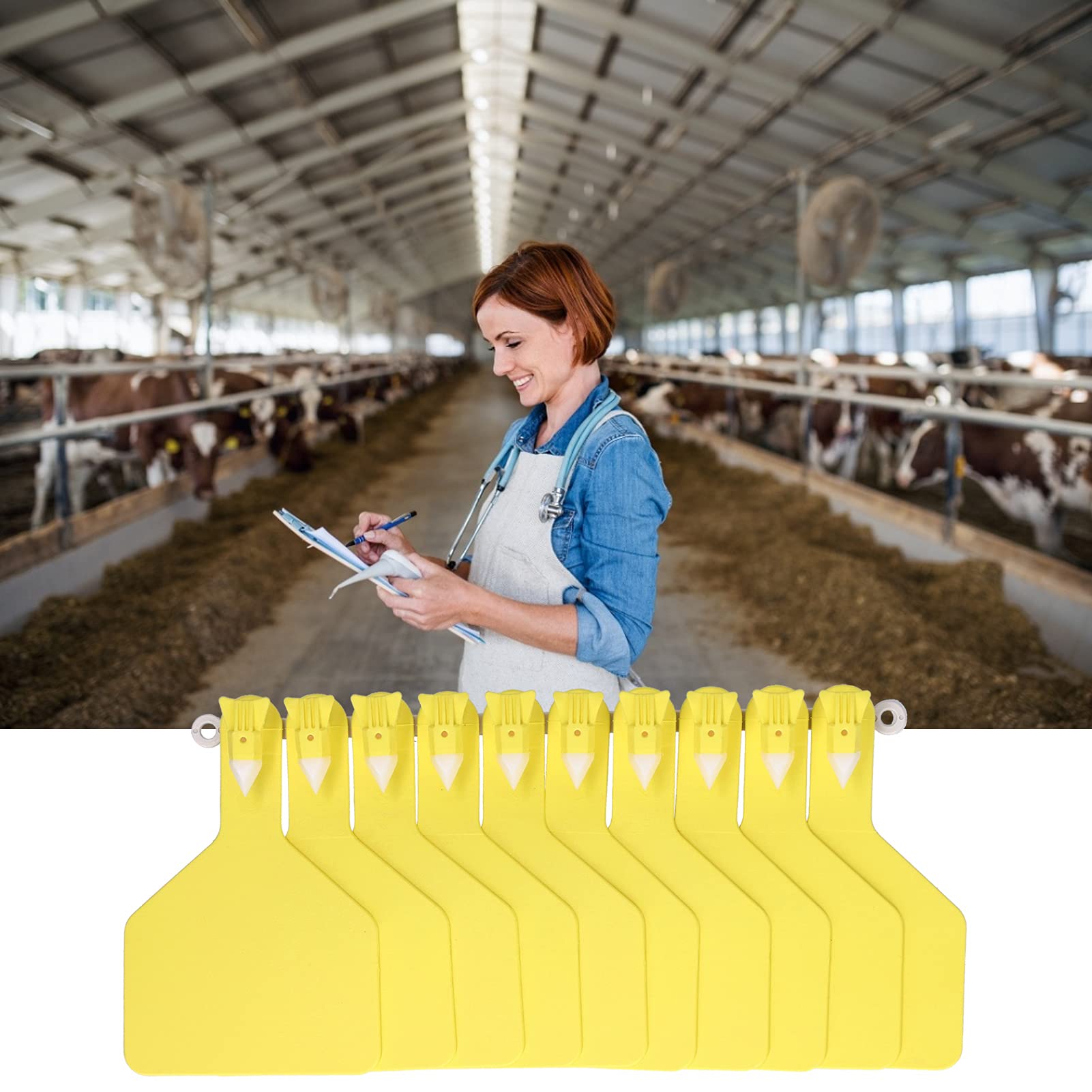 Marcatore per orecchie di mucca, kit di marchi auricolari integrati in plastica da 100 pezzi Etichetta per etichette auricolari per allevamenti di bestiame per identificazione di bovini di vacca Giall