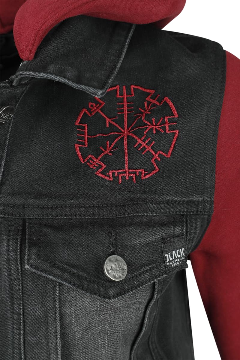 Black Premium by EMP Mujer Chaqueta vaquera negra y roja con capucha desmontable y mangas hechas de tela extra suave para el sudor