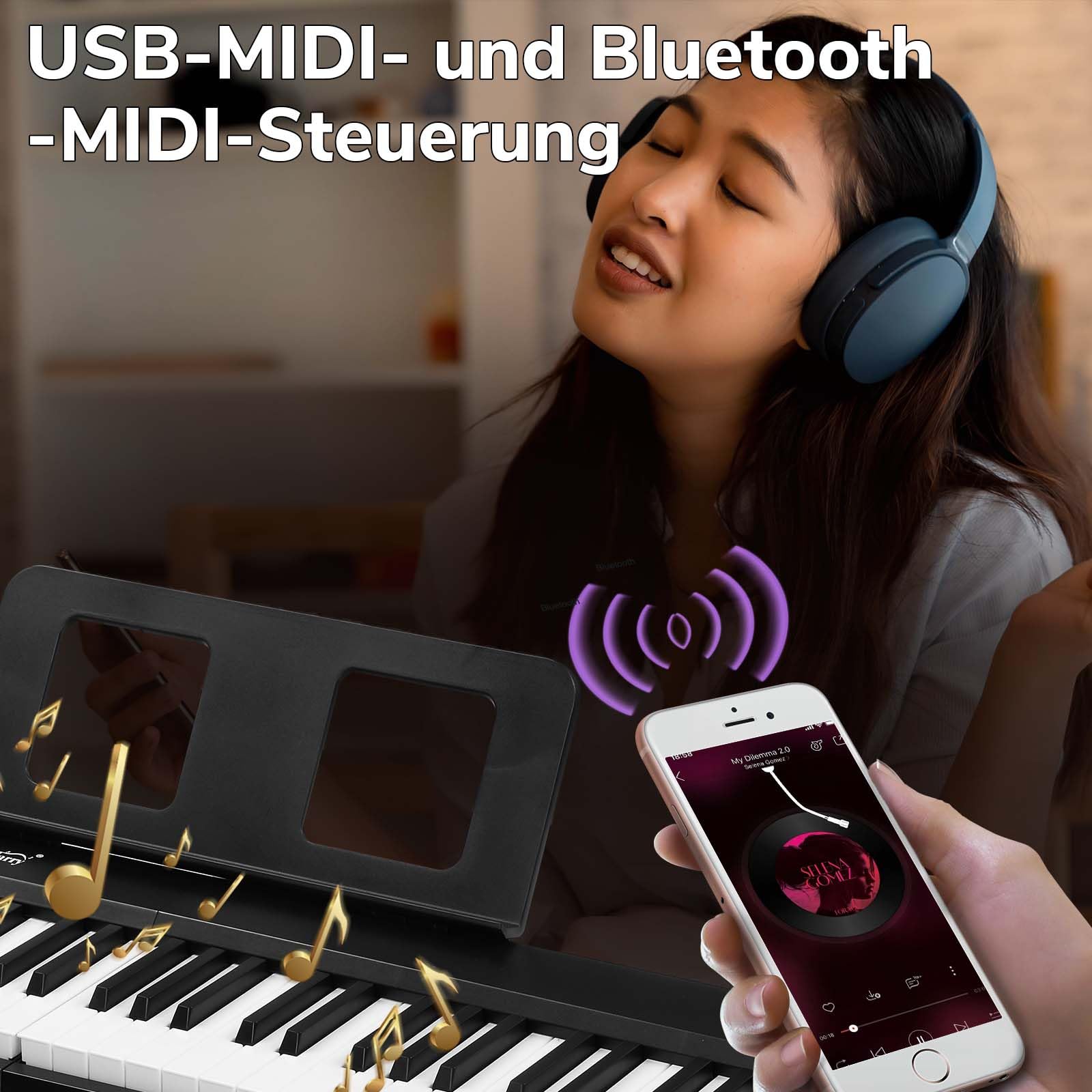 Bonnlo E Piano 88 Tasten, Faltbares Digitalpiano mit Halbgewichteter Keyboard, X-Ständer, Audio- & MIDI-Bluetooth, Sustain-Pedal-System, Kopfhörer – für Anfänger & Fortgeschrittene, Schwarz