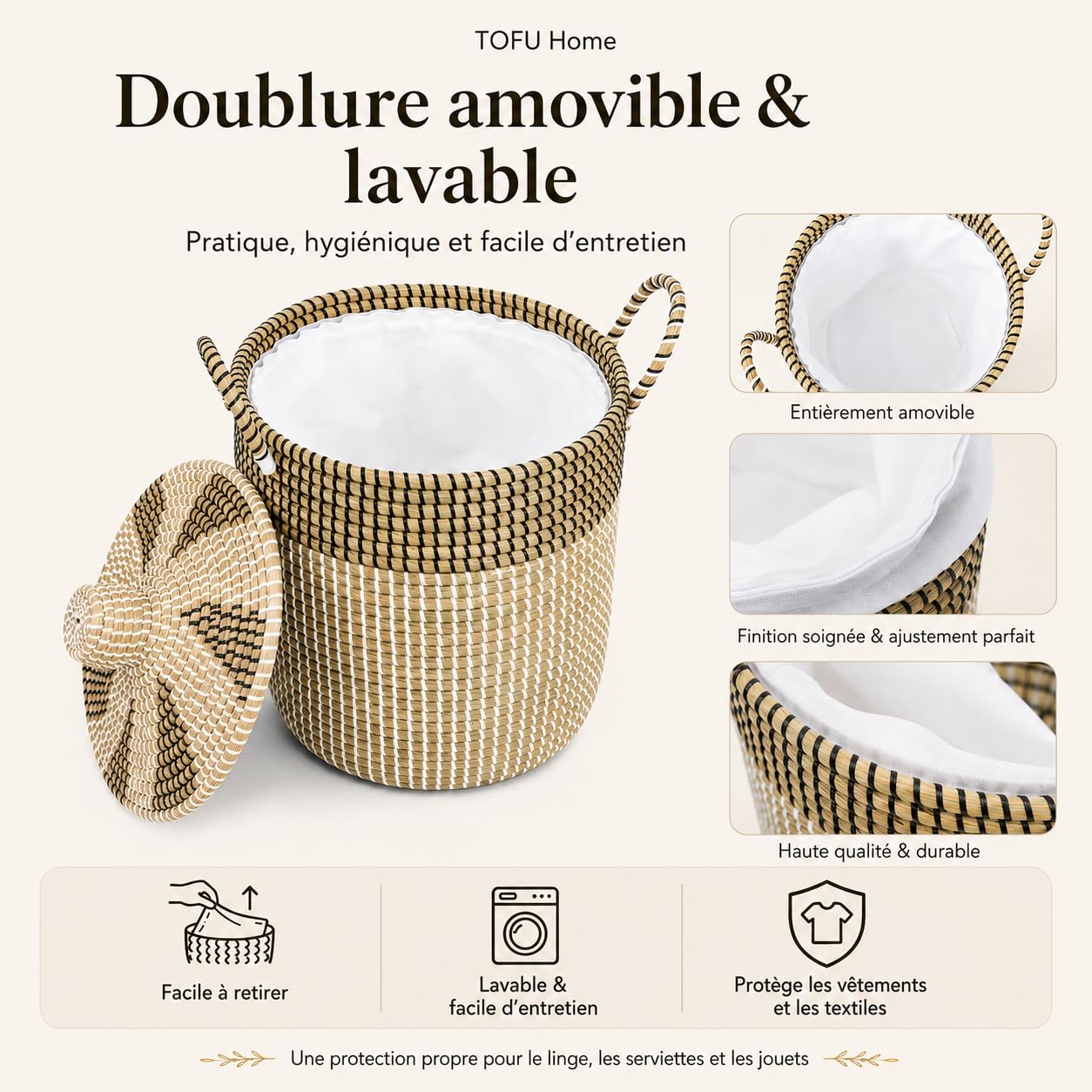 Panier de Rangement Herbe de Mer Artisanal Vietnam Set de 3 avec Doublure Amovible 75.99L/42.99L/25.65L