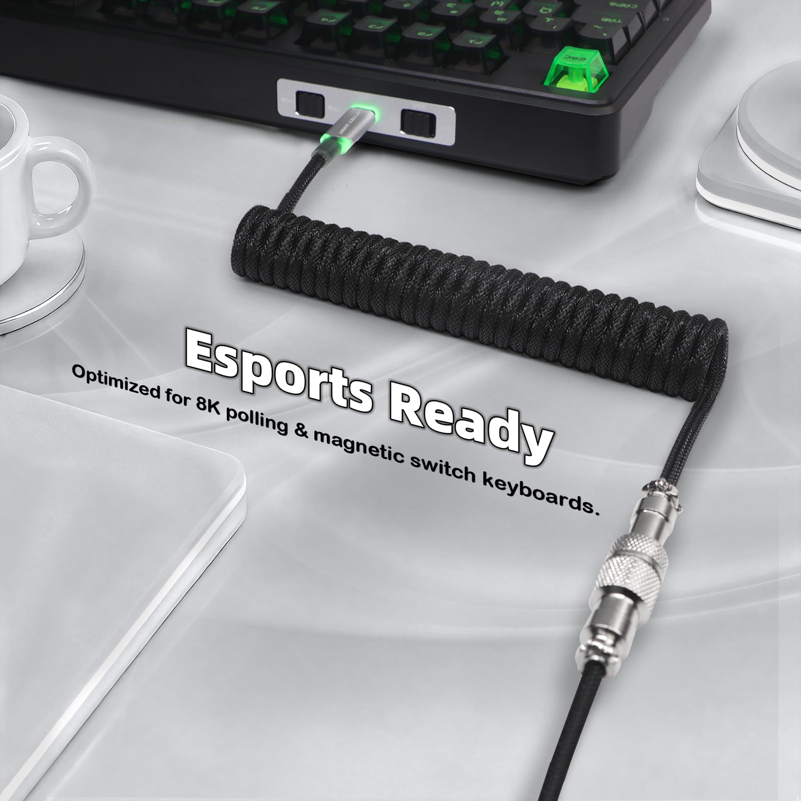 ATTACK SHARK C01 ULTIMATE RGB Cavo Spiralato per Tastiera Gaming, Supporto 8000Hz e Rapid Trigger, Cavo per Tastiera Meccanica da USB-C a USB-A con Aviatore in Metallo, Doppio Intreccio, Nero