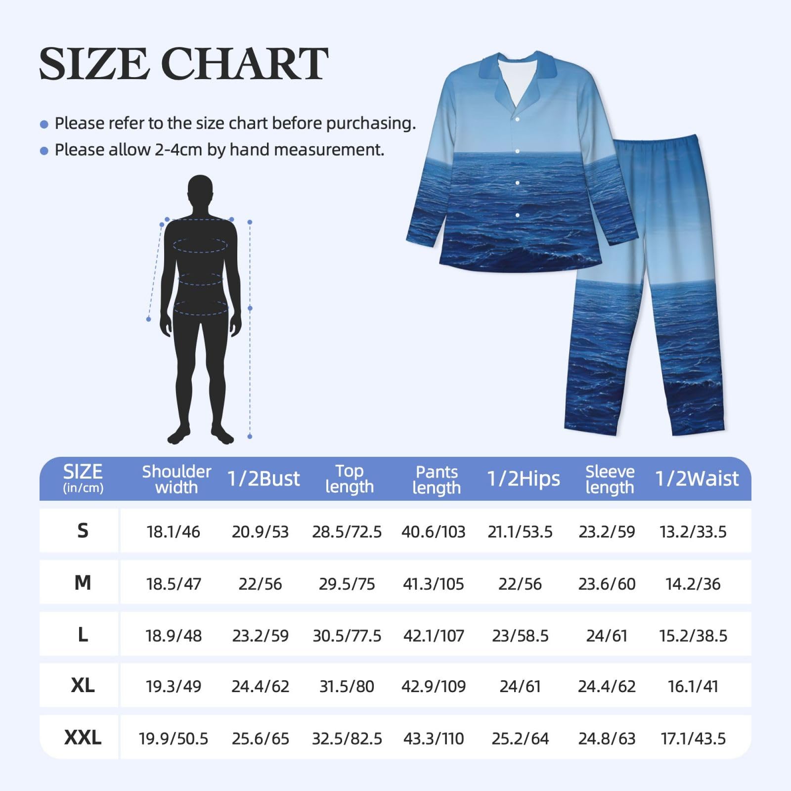 Pigiama a maniche lunghe da uomo con stampa oceano blu oceano mare set due pezzi abbigliamento da casa traspirante accogliente weekend