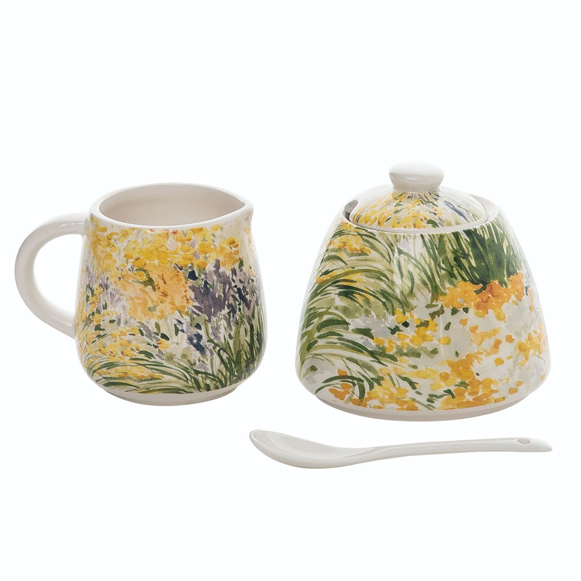 Transpac Golden Rod and Lavender Dolomite Stoneware Cream and Sugar Bowl with Lid and Spoon 4 Piece Set