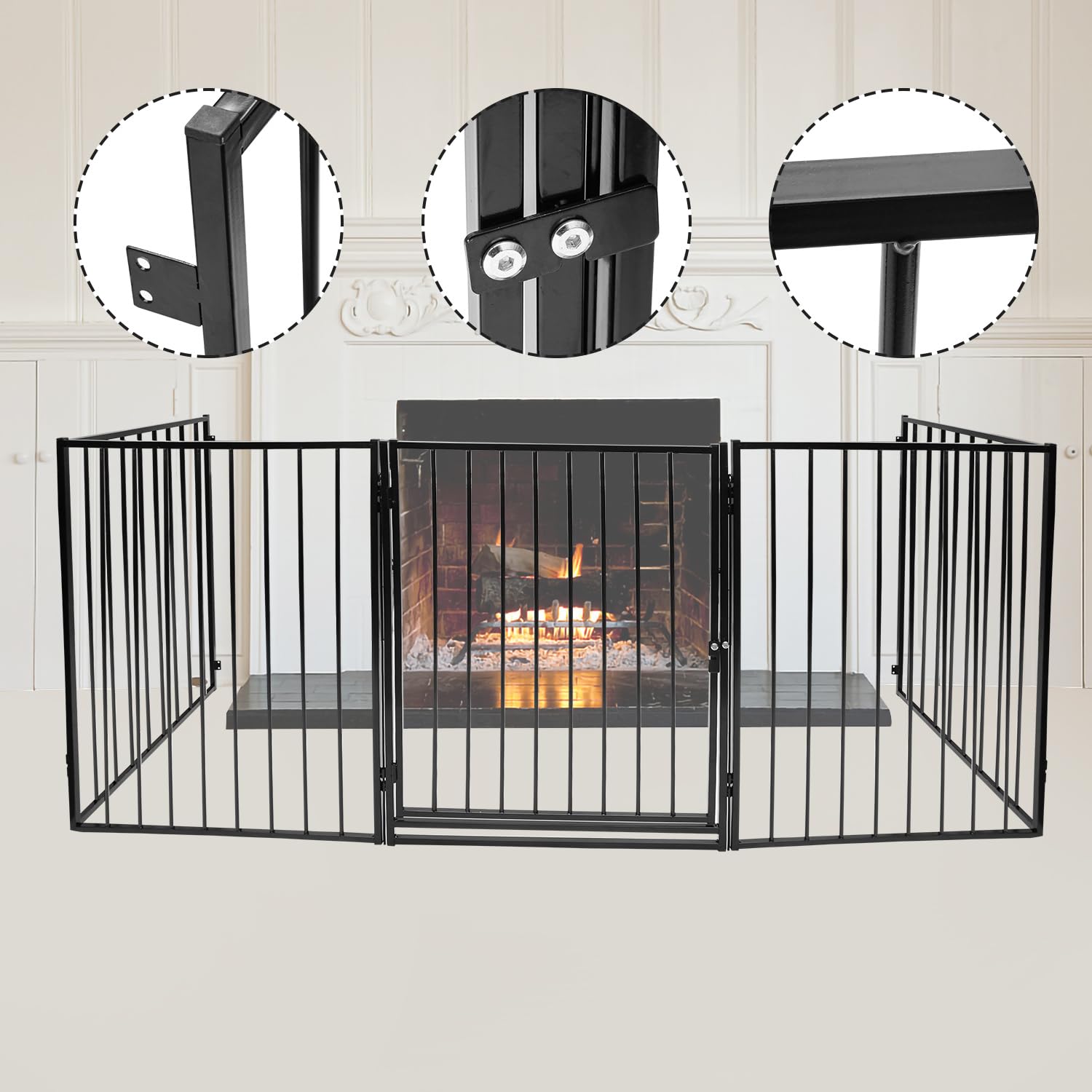 Kaminschutzgitter mit Tür Metall 304 cm | Kamingitter Absperrgitter faltbar | Tierschutzgitter | Türschutzgitter für Kinder-Sicherung | 5-teilig Elemente (je 60 x 76 cm) Schwarz