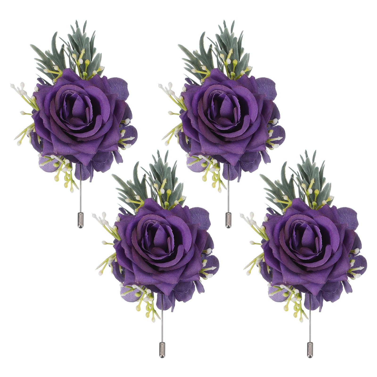 sourcing map 4 Pcs Purple Boutonnieres for Men, Artificial Flower Buttonholes Pocket for Wedding Bride Groom Ceremony Anniversary Prom Party