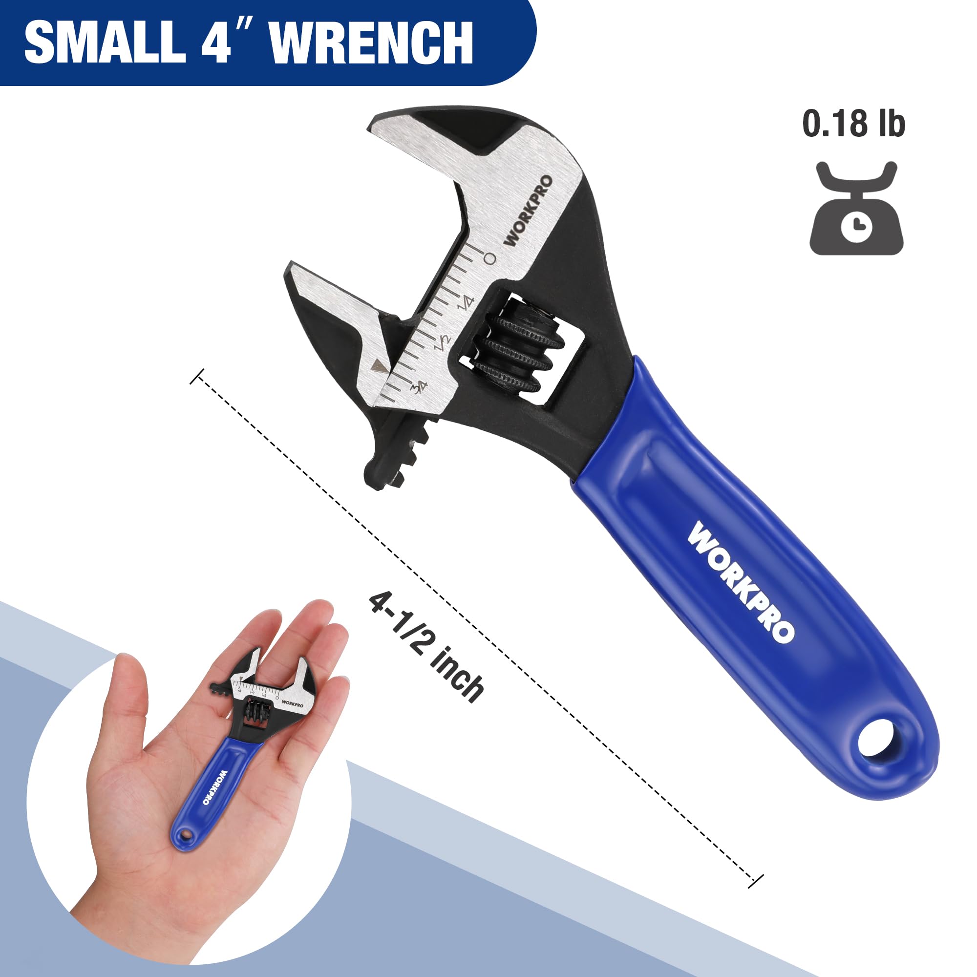 WORKPRO 4-Inch Mini Adjustable Wrench, Cr-V Steel Wide Jaw Black Oxide Wrench for Small Nuts, Metric & SAE Scales, for Home, Workshop and DIY