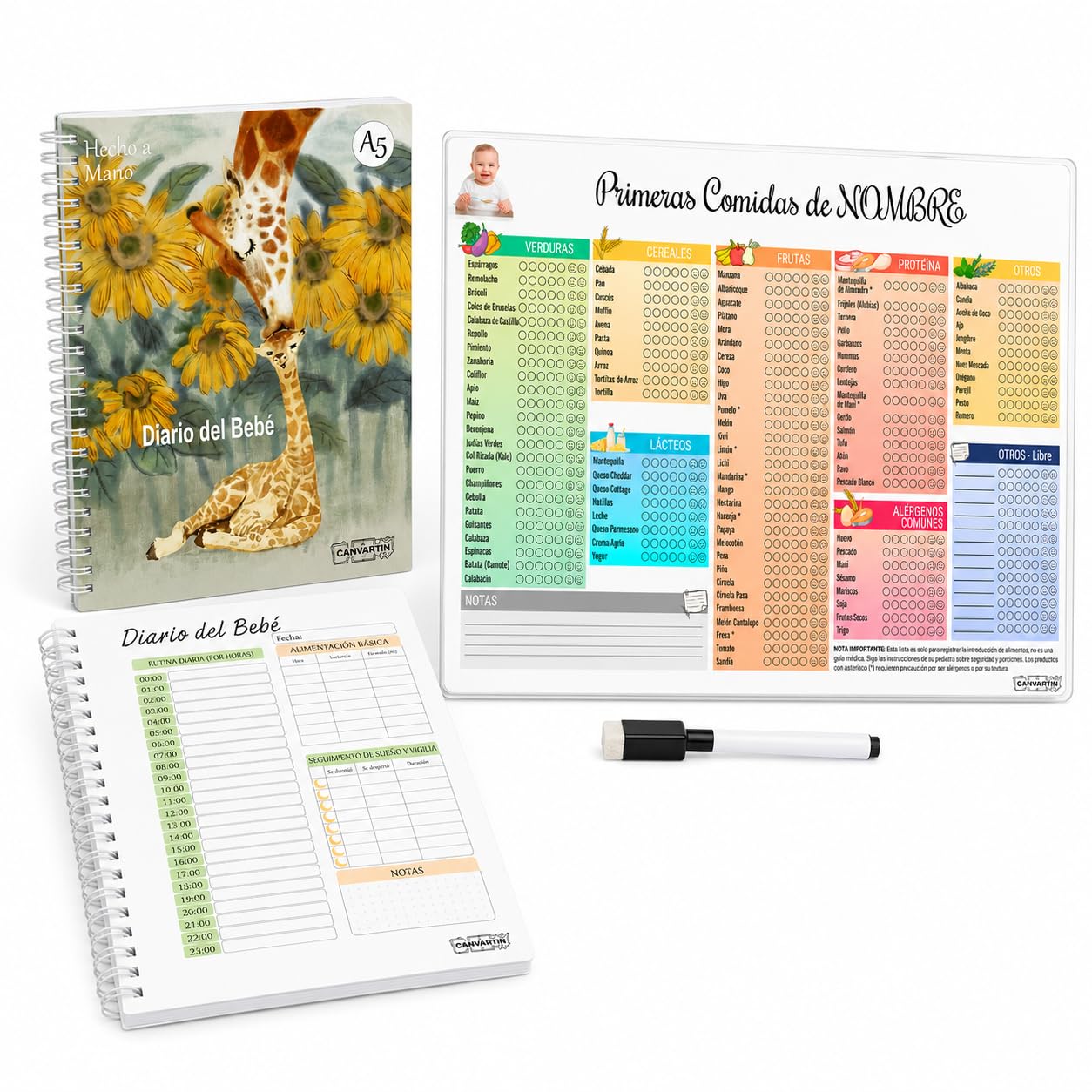 Tabla de Alimentación y Diario del Bebé 60 Días | Registro Primeros Alimentos en Español e Inglés | Personalised Baby Feeding Chart & Meal Tracker | Reusable Laminated Solids & BLW Table