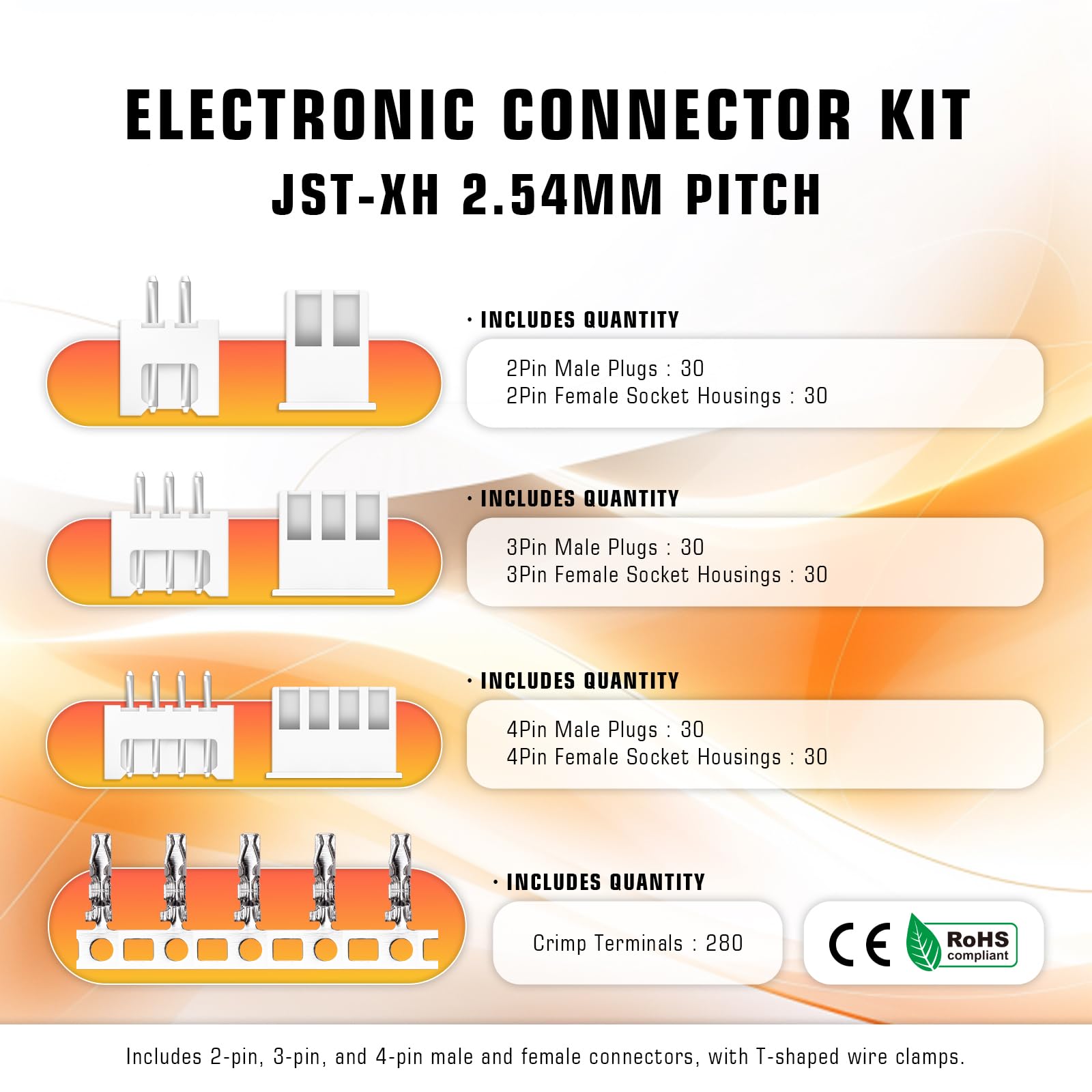 15 Ensembles Connecteurs JST 2,54mm 4 Broches Silicone 22AWG - Câbles 21cm Avec Fiches Mâles/Femelles Et Gaine Thermorétractable