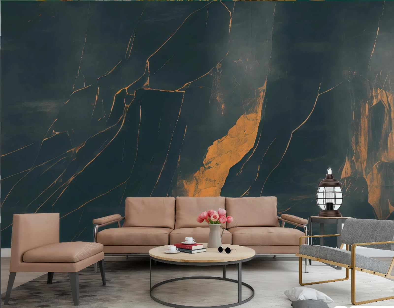 Tapeta nowoczesna minimalistyczna sztuka pomarańczowe falowane szwy ciemnoniebieski marmur TV sofa tło tapeta ścienna salon restauracja kawiarnia mural, 3D, 300 x 210 cm