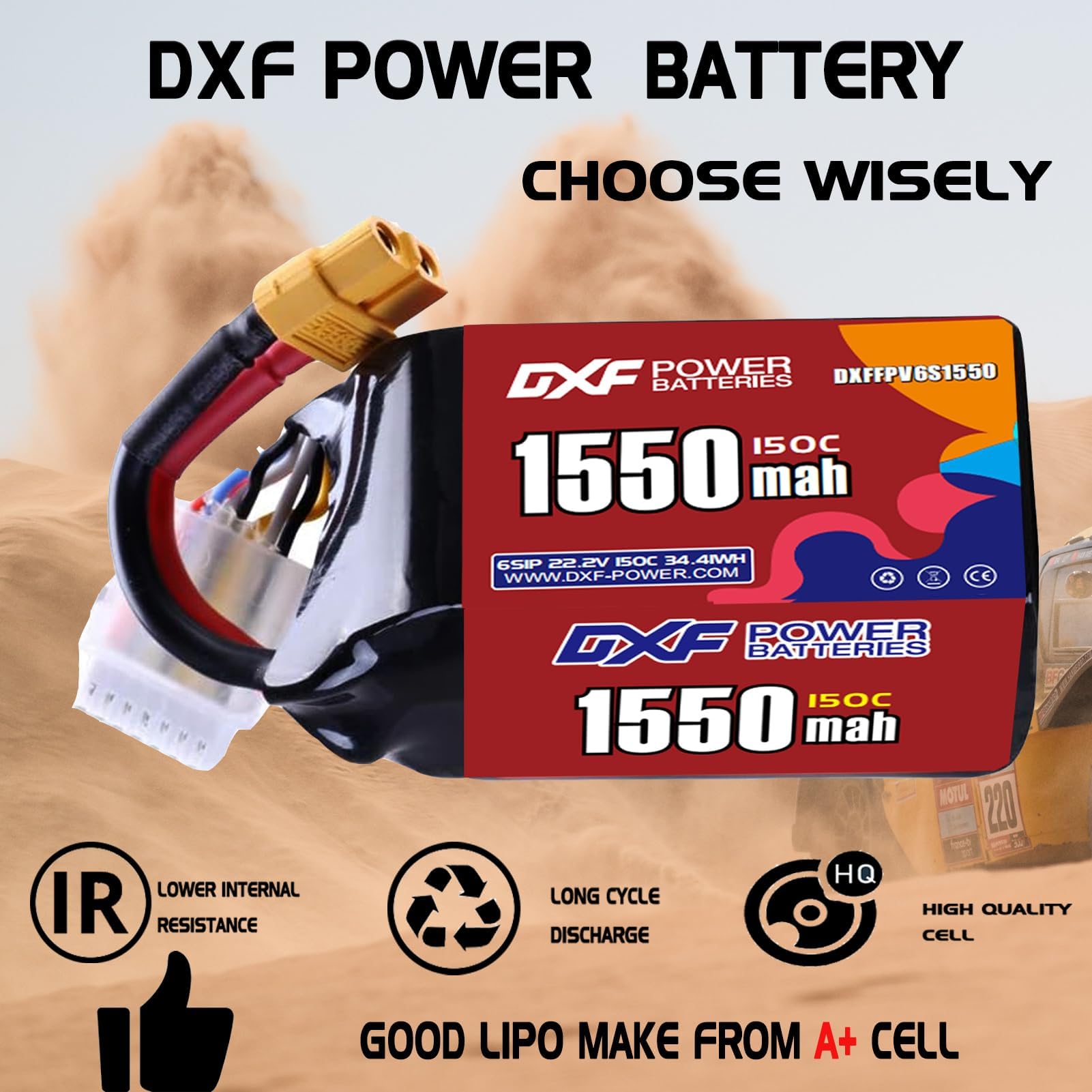 DXF 6S 1550 mAh Lipo Akku 22,2 V 150 C mit XT60 Stecker RC Graphen Akku für FPV-Drohne Quadcopter Hubschrauber Flugzeug RC Boot Autorennen Modelle (2 Stück)
