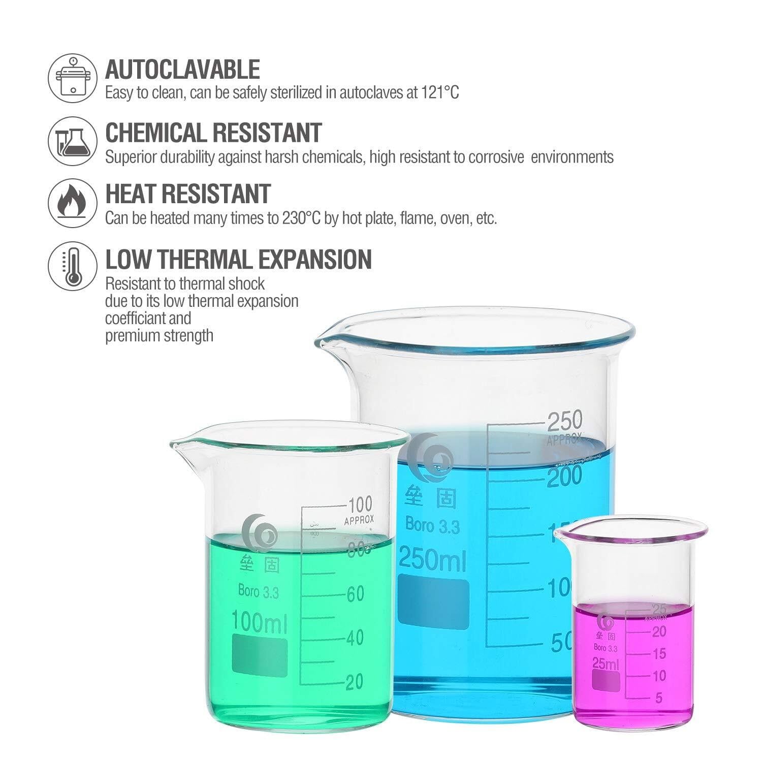 Set 4 Vasos Bécher Graduados 25-50-100-200ml + 4 Pipetas de Vidrio 1ml – Borosilicato 3.3 Resistente Calor Química Laboratorio