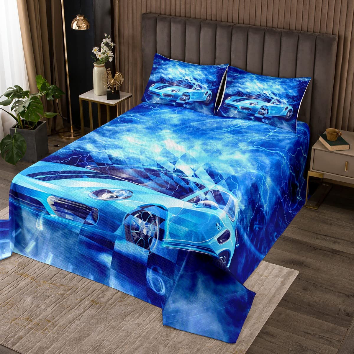 Couvre-lit voiture de sport bleu pour lit simple le cadeau idéal pour chambre d'enfant