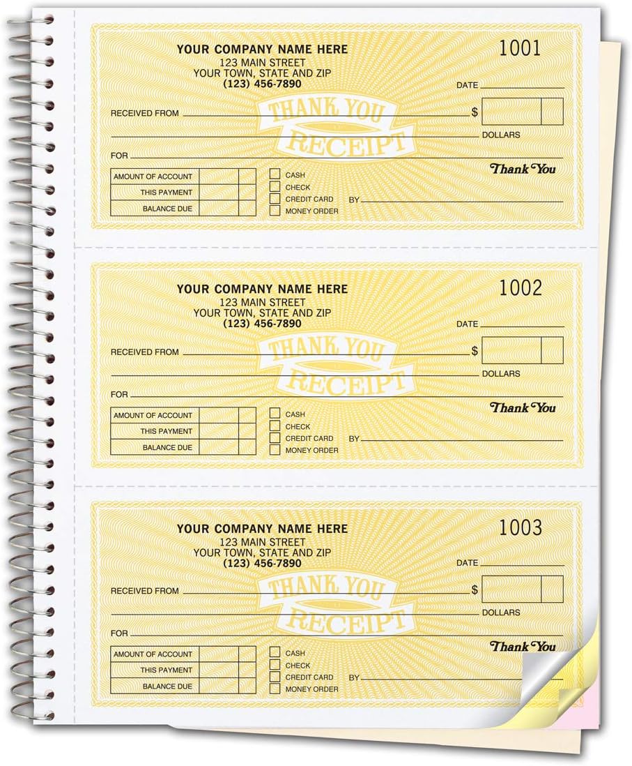 CheckSimple Customized Cash Receipt Books, 3-Per-Page w/ 3-Part Duplicates, Wire-Bound Book, Yellow (2000 Receipts)
