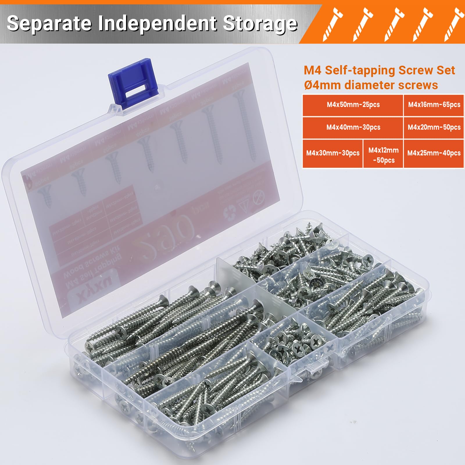 Xyxu M4 Wood Screws Assortment -290pcs Assorted Zinc Countersunk Self Tapping Screws for Wood 12mm, 16mm, 20mm, 25mm, 30mm - Image 3