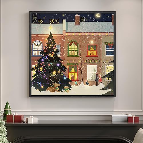 Framed Christmas Decorations Wall Art, Cozy Neighborhood Winter Scene with Christmas Tree Prints, Holiday Pictures Wall Decor for Living Room Bedroom Fireplace Dining Room or Entryway -30x30 In - 30" W x 30" H - Cozy Christmas Night
