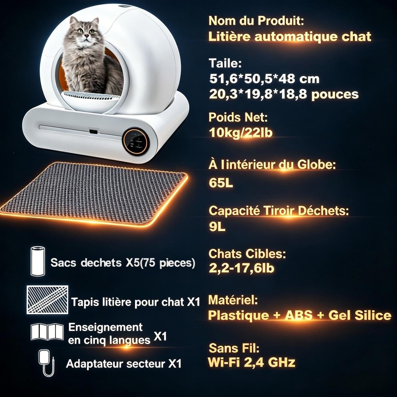Bac à litière autonettoyant de 65 + 9 litres, avec Commande Via Application, désodorisation par ions et Suivi de la santé – 5 Sacs à litière Inclus, idéal pour Les foyers accueillant Plusieurs Chats