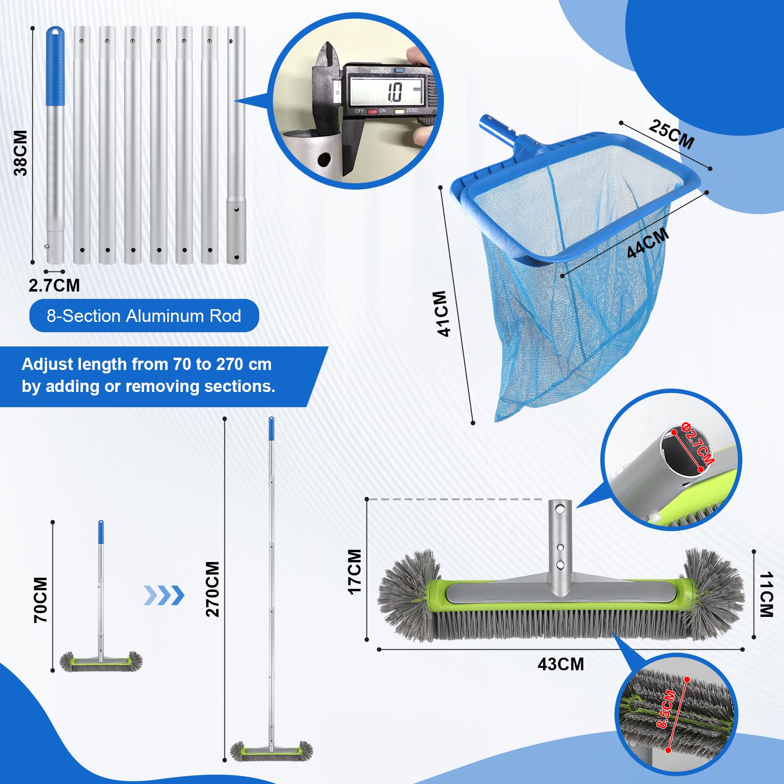 EFUTURETIME 3 Pezzi Set di Pulizia per Piscine, Retino per Fondo, 43cm Spazzola per Piscina Arrotondate con 2,7m Asta Telescopica in Alluminio, Robusto e Rimovibile Può Essere Rapidamente