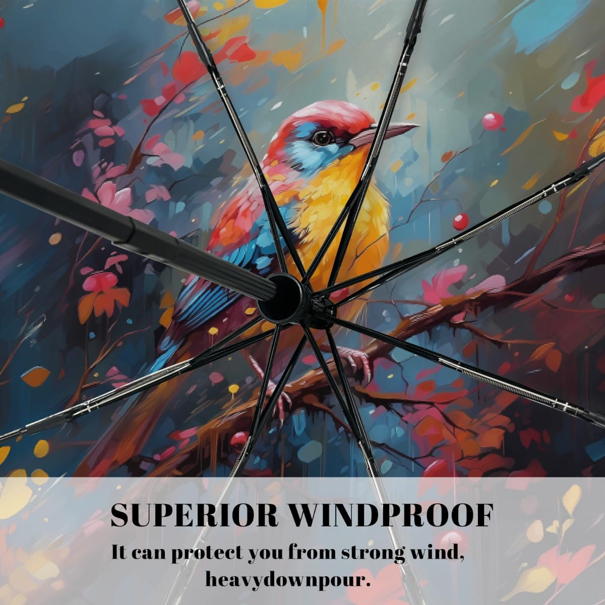 Oil Painting Bird Branch Folding Umbrella Windproof Compact Lightweight Travel Umbrella with 8 Reinforced Ribs, Portable UV Sun & Rain Protection for Men & Women