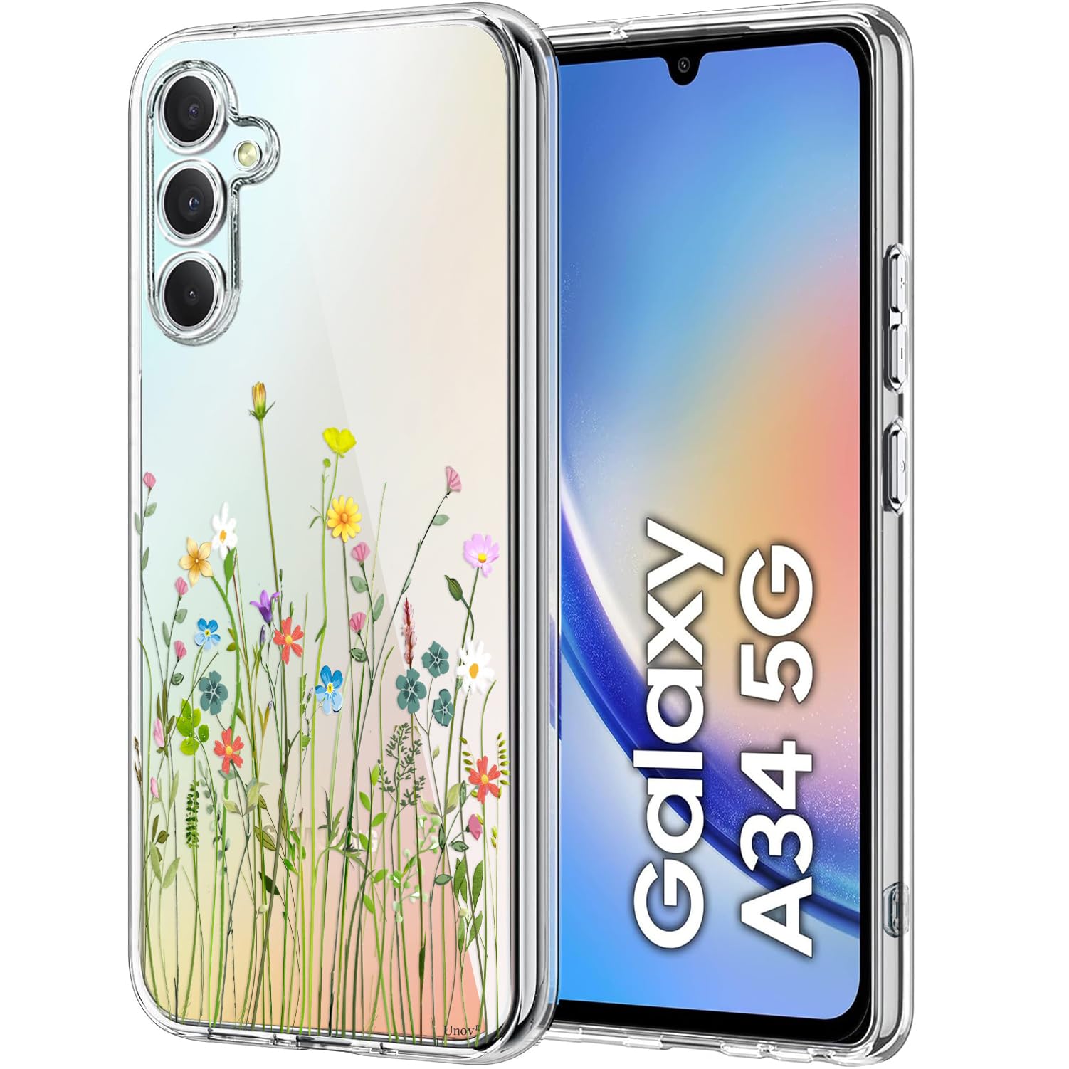 Unov Case Compatible with Galaxy A34 5G Case Clear with Design Soft TPU Shock Absorption Slim Embossed Pattern Protective 6.6 inch (Flower Bouquet)