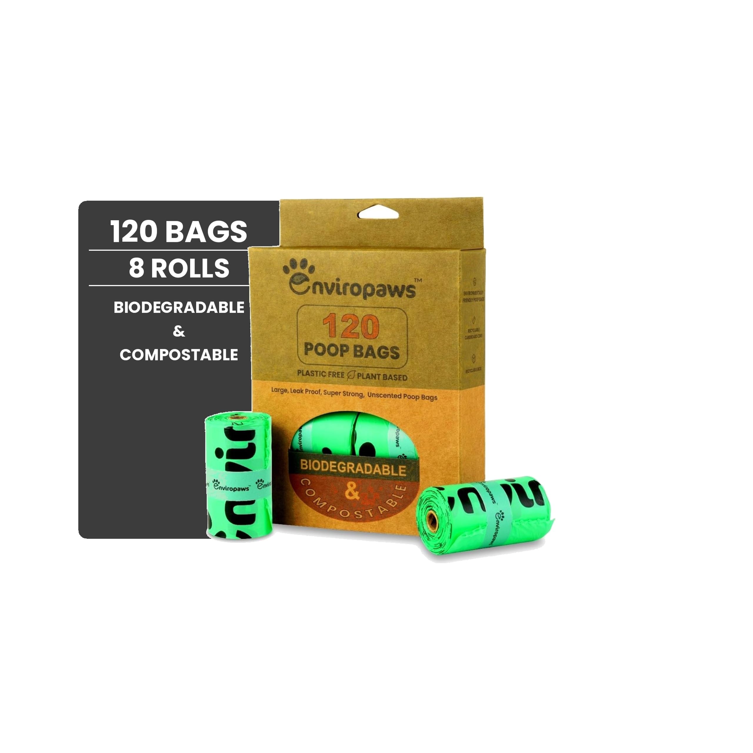 Enviropaws Green Biodegradable & Compostable Cat Poop Bags - 120 Dog & Cat Litter Bags (8 Rolls Of 15 Bags) For Cat Waste - Leak Proof; Super Strong; Unscented; Extra Thick & Large Dog Poop Bags