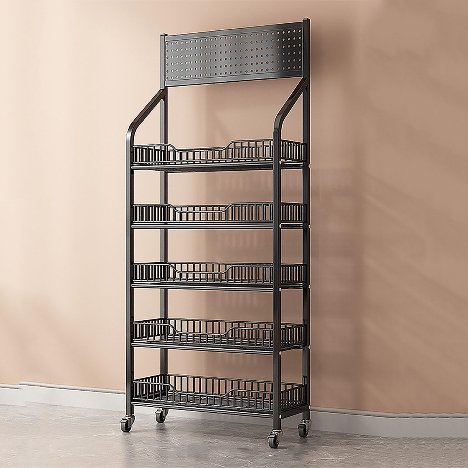 półki, Czarny stojak na przekąski podłogę, duży do sprzedaży detalicznej, metalowy drut, słodycze, wózki przechowywania z kółkami(5 Tier 23.6x10.6x65in)