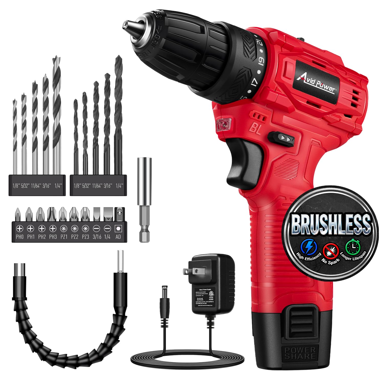 AVID POWER Brushless Power Drill Set, 2-Speed Control, 3/8-Inch Keyless Chuck & 25+1 Position, 12V Electric Drill Cordless Driver Kit with 2000mAh Battery, Charger and 22pcs Accessories