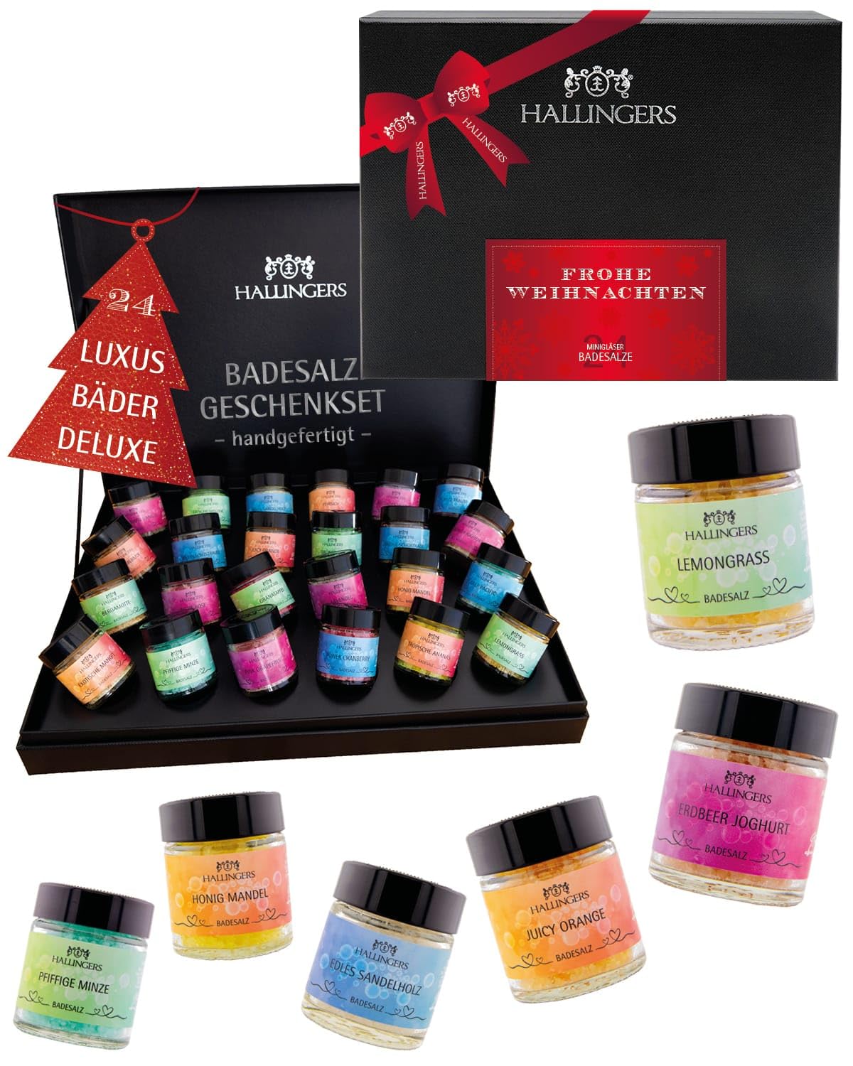 Hallingers Genuss Manufaktur Badesalze Weihnachts-Geschenk-Set - 24x Badezusatz mit Totes Meer Badesalz edle Geschenkbox, Badekristalle Fußbad & Spa "Frohe Weihnachten", Weihnachten für Frauen Männer