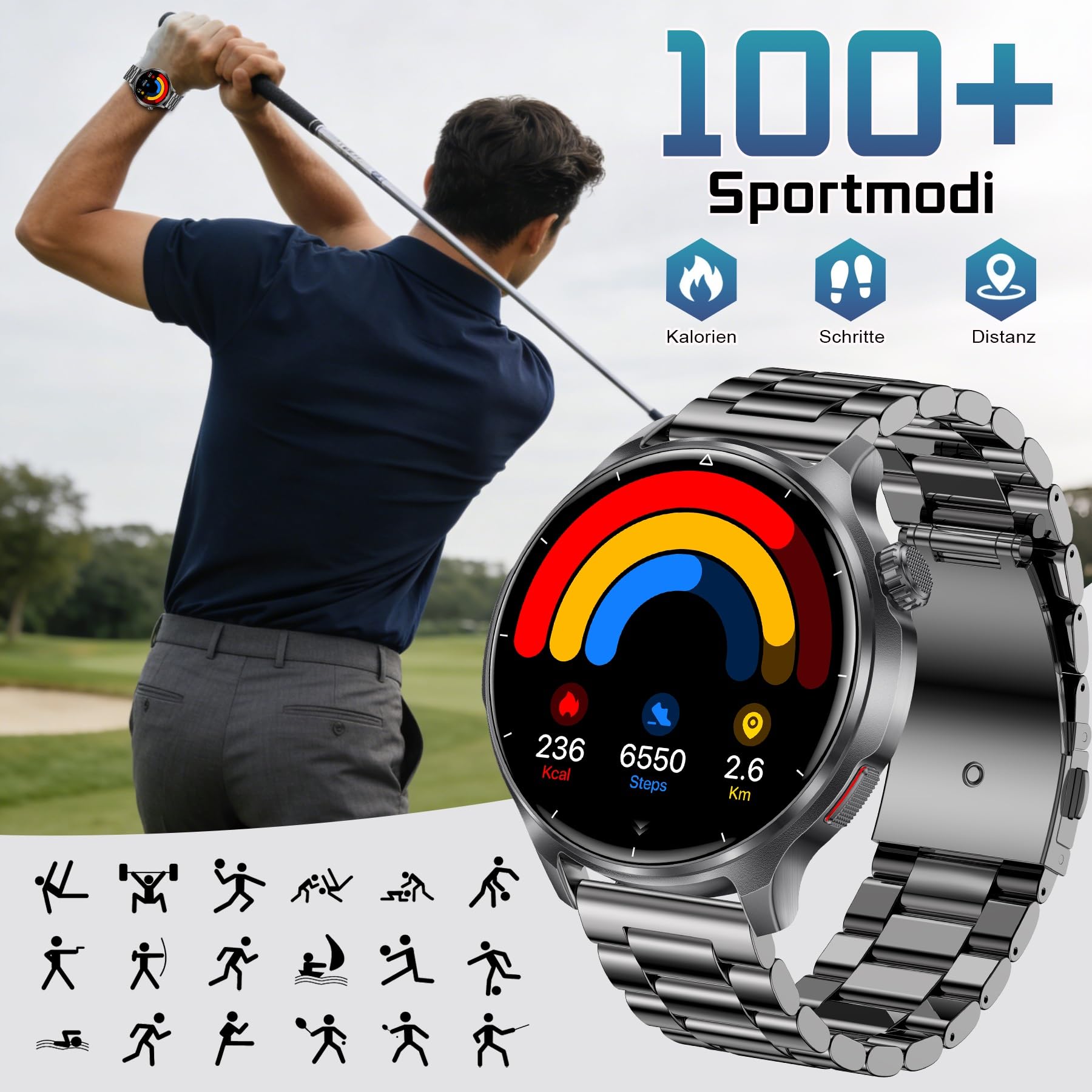 Smartwatch Herren, 1.52" HD 1000mmAh Militär Smart Watch mit Telefonfunktion, Fitnessuhr mit 100+ Sportmodi, Herzfrequenz Schrittzähler Schlafmonitor, IP68 Wasserdicht Sportuhr für Android iOS