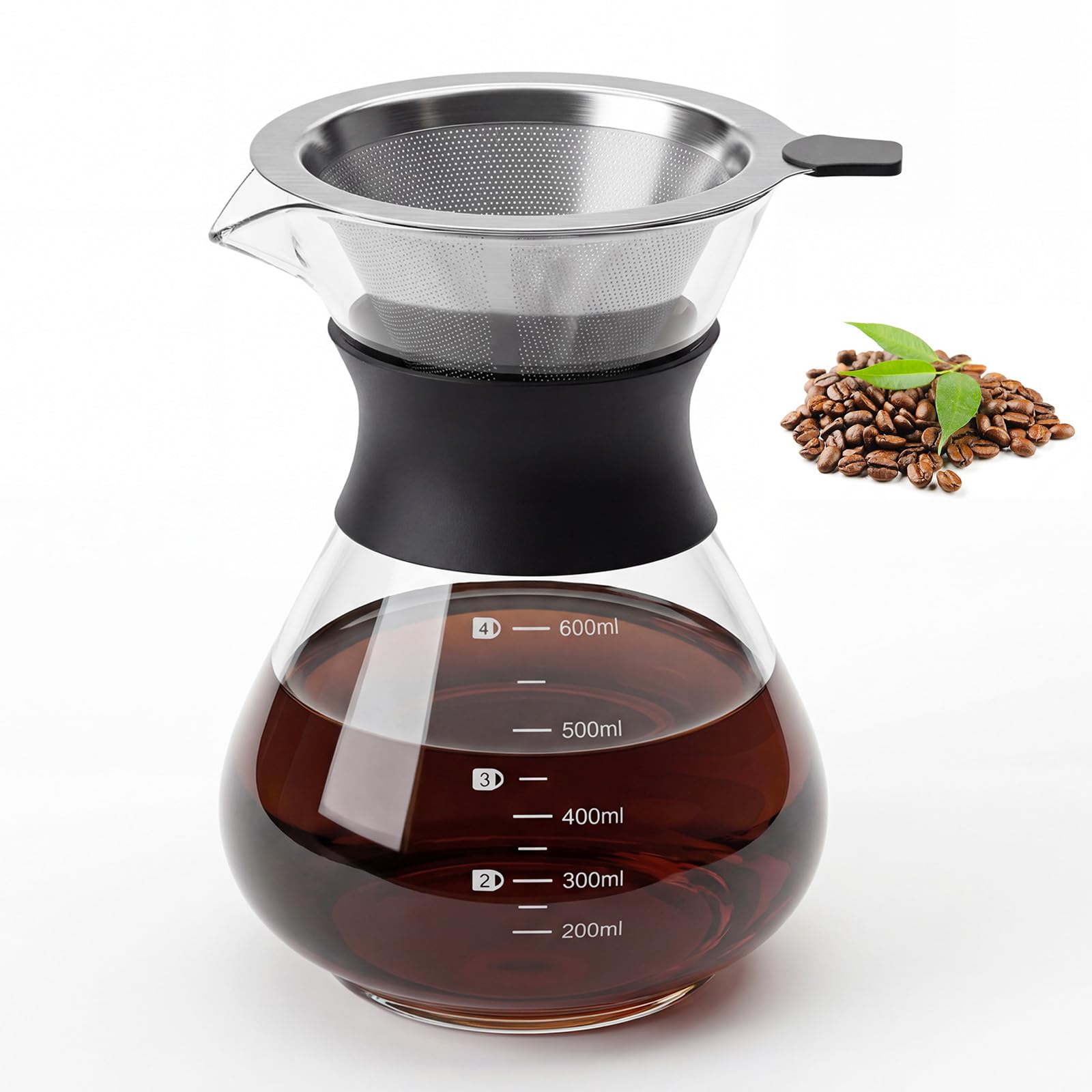 Caffettiera in Vetro 600ml, Macchina da Caffè Americana a Goccia Manuale, Pour Over Coffee Maker con Filtro Permanente in Acciaio Inossidabile Riutilizzabile, per Caffè Casa Ufficio