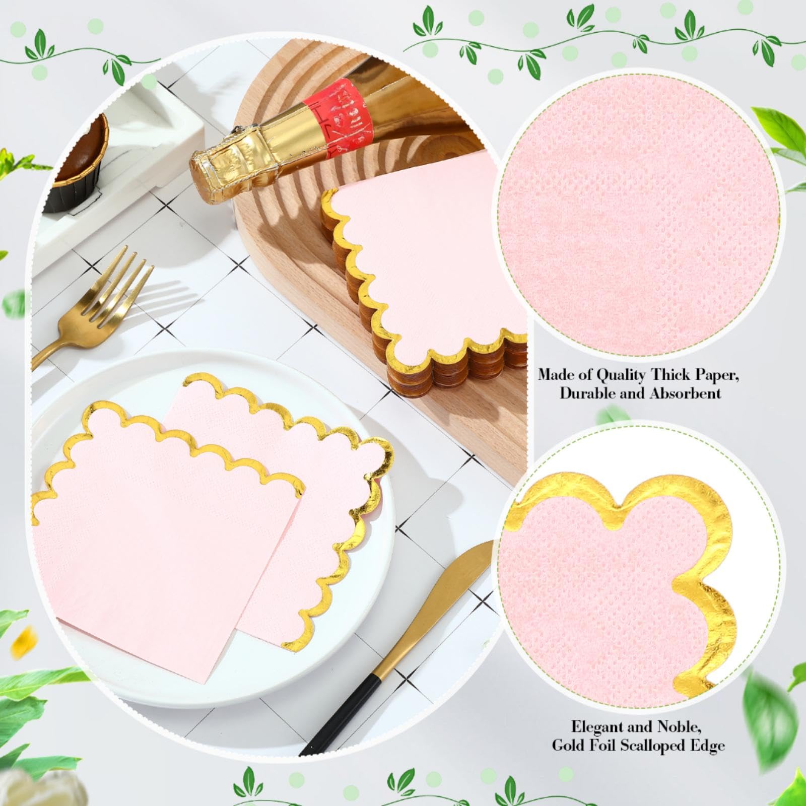 50 servilletas de cóctel festoneadas con borde de lámina dorada, servilletas desechables gruesas, servilletas de papel pastel, servilletas de fiesta, servilletas de bebidas para boda, cena,