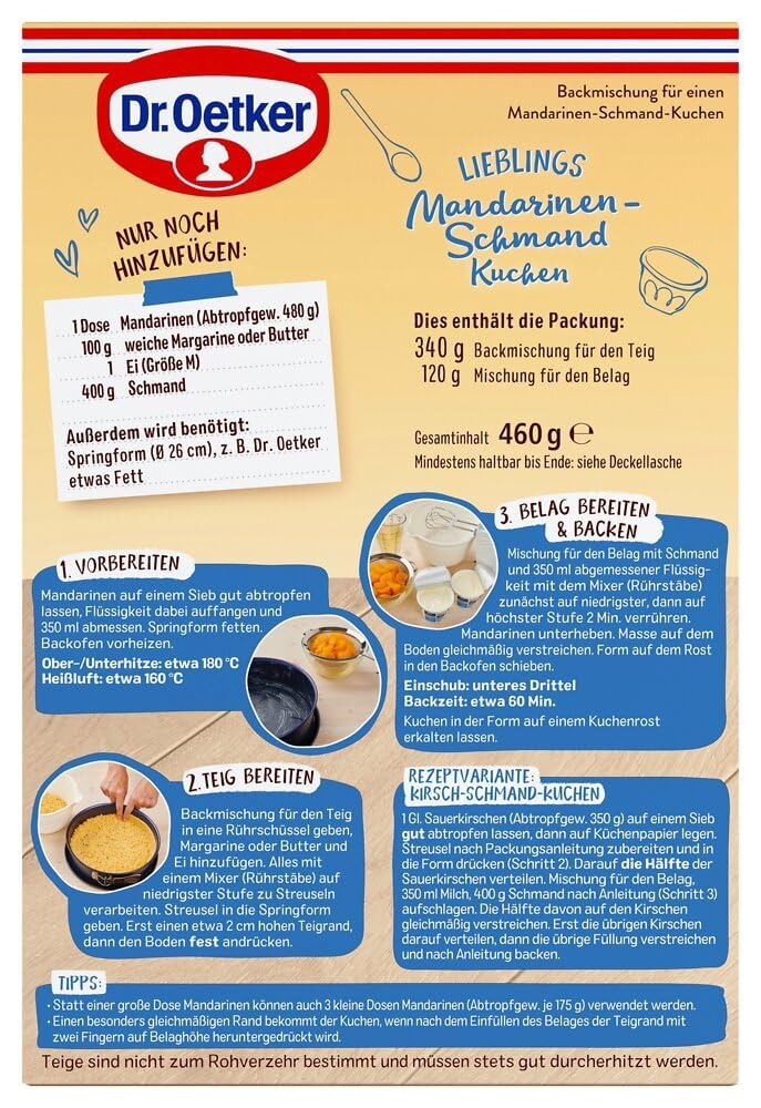 Dr. Oetker Mandarinen-Schmand Kuchen, 6er Pack Kuchen-Backmischung für fruchtig-frischen Geschmack, Kuchenmischung für einfache Zubereitung & gelingsicheres Backen, 6 x 460 g