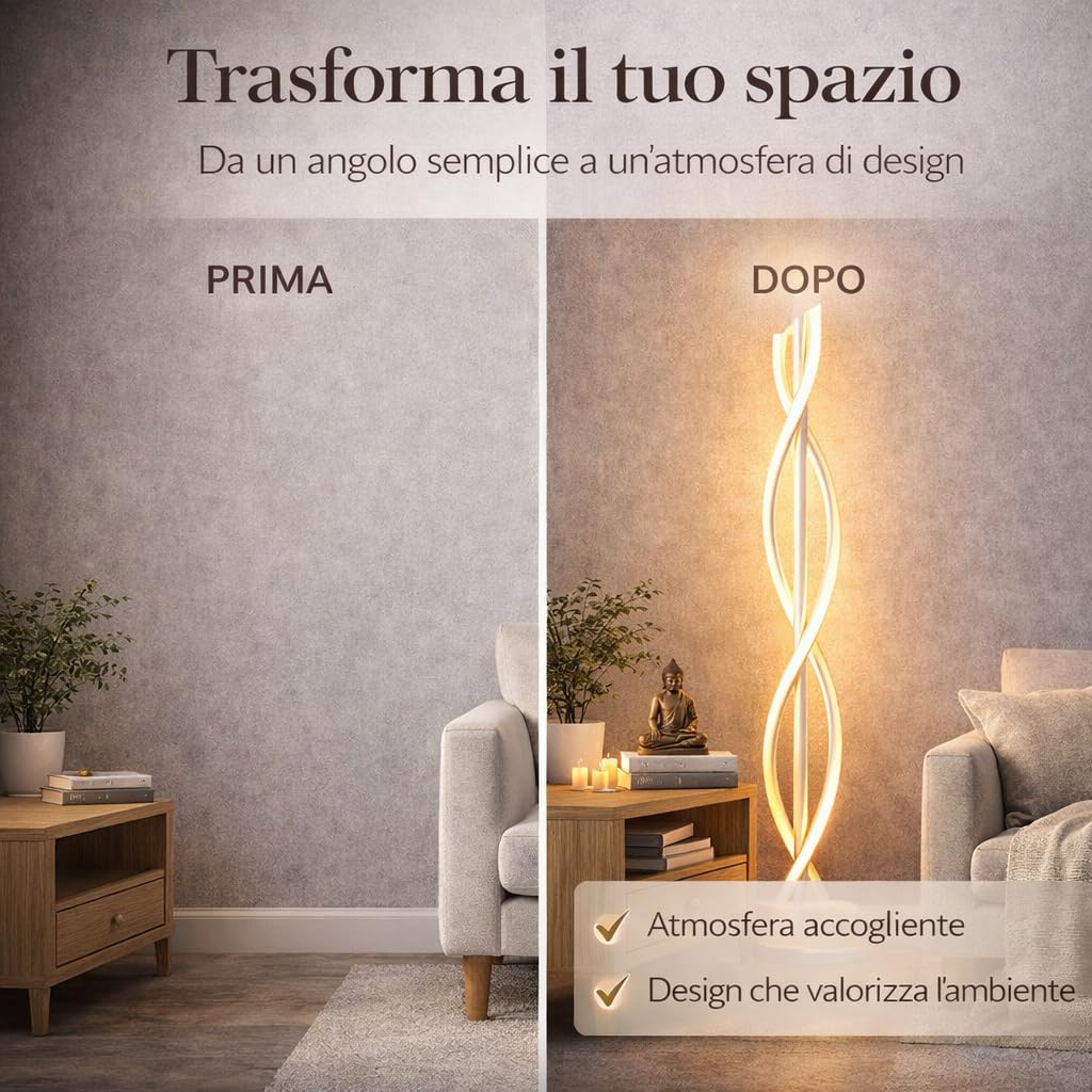 Arcadia Lampada da Terra LED Moderna Forma di Spirale | Piantana Design Contemporaneo | Luce Calda/Fredda | Lampada Salotto Camera da Letto Studio, Arredo Interni Elegante 150 cm (Bianco)