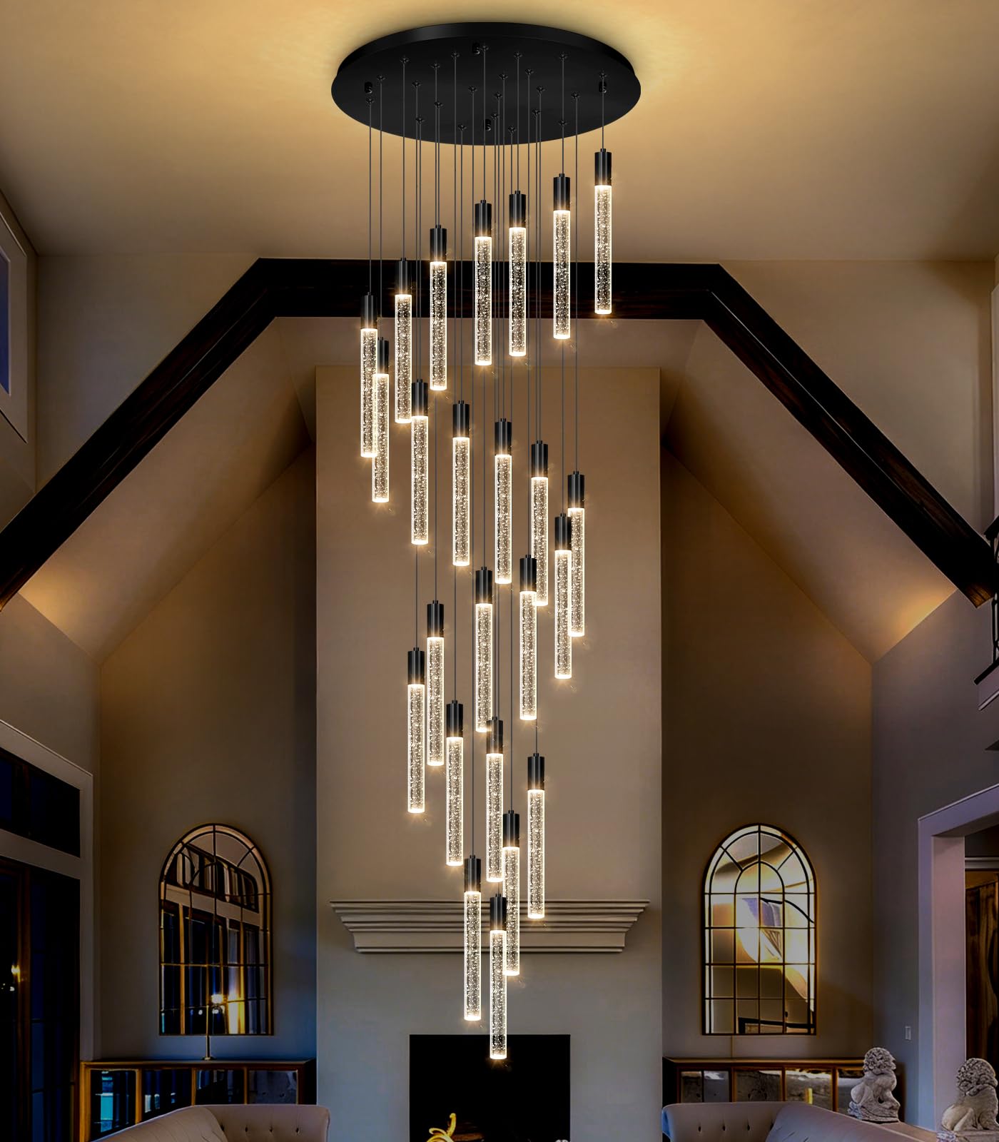 Photo 1 of HAIXIANG 13 Foot High Ceiling Chandelier for Entryway Modern Crystal Lights for Living Room Foyer Flush Mount Sloping Ceiling Pendant Light Fixture Remote Dimmable 24-Lights Black