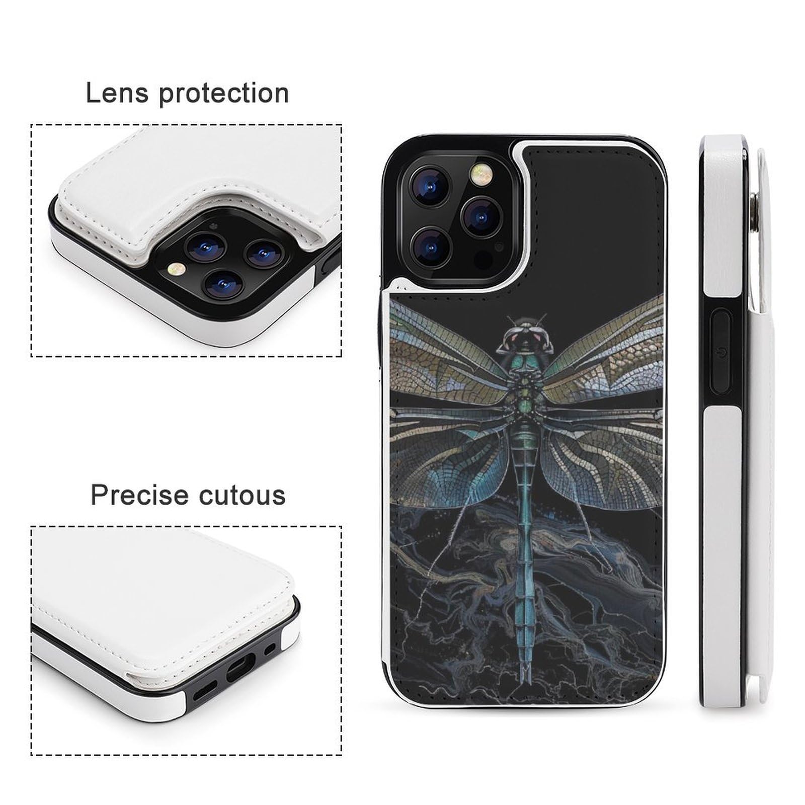 Funda tipo cartera para iPhone 12 Pro, diseño de libélula negra, funda de piel con ranuras para tarjetas