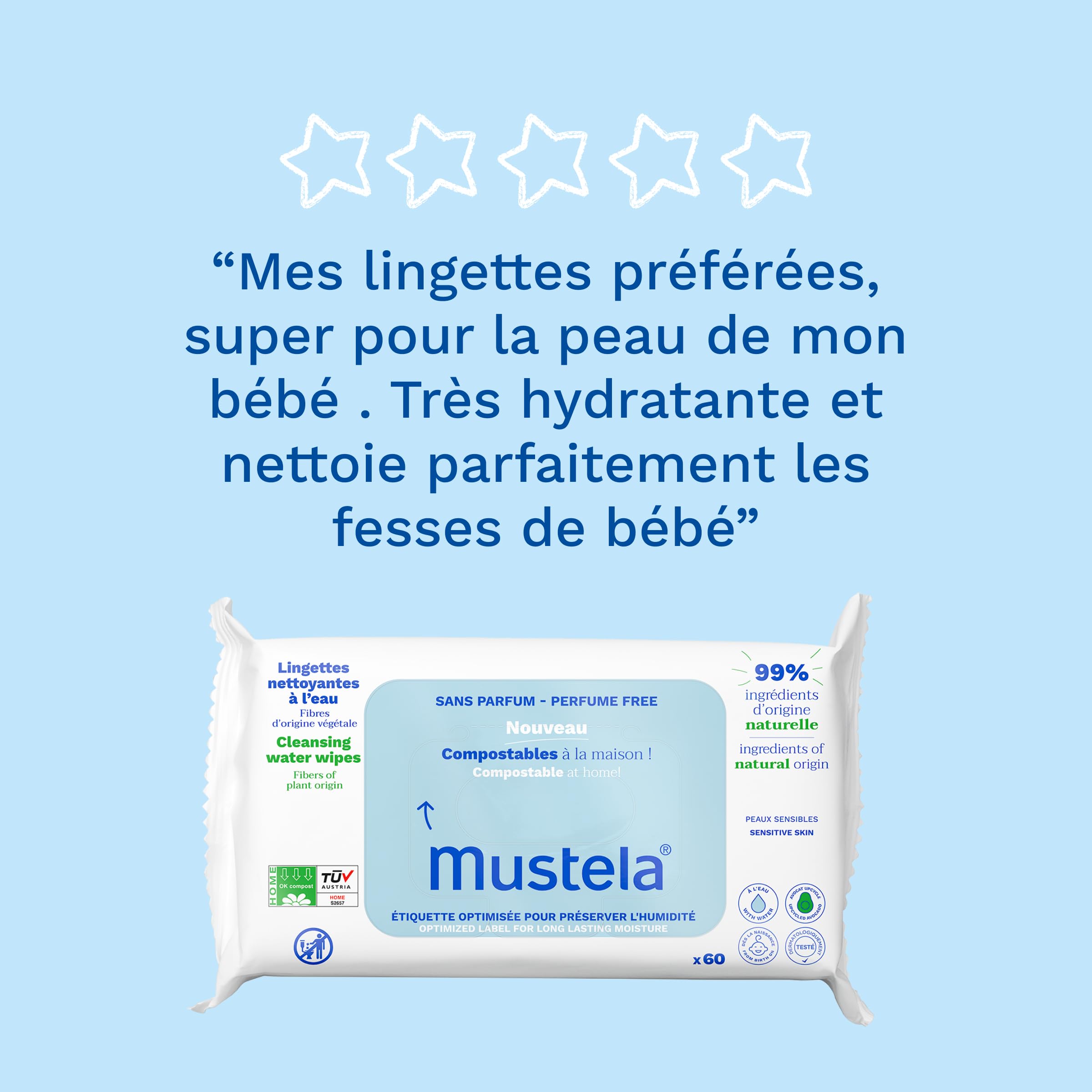 Mustela - Lingettes Nettoyantes à l'Eau - Lingettes Bébé Compostables - Visage, Mains, Siège - 99% ingrédients d'origine naturelle - Fibres d'origine Végétales - Hygiène Bébé et Soin - Sans Parfum