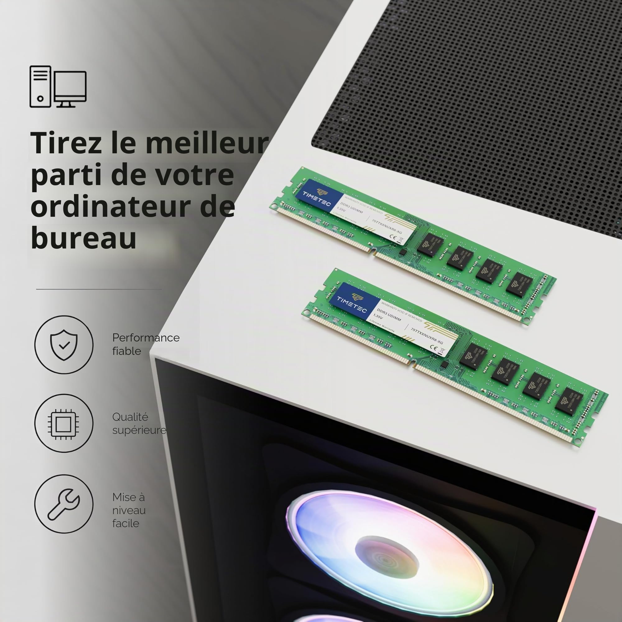 Timetec 8 Go DDR3L/DDR3 1600MHz PC3L-12800/PC3-12800 (PC3-12800U) Non-ECC sans Tampon 1.5V CL11 2Rx8 Double Rang 240 Broches UDIMM Ordinateur de Bureau mémoire RAM Module Mise à Niveau